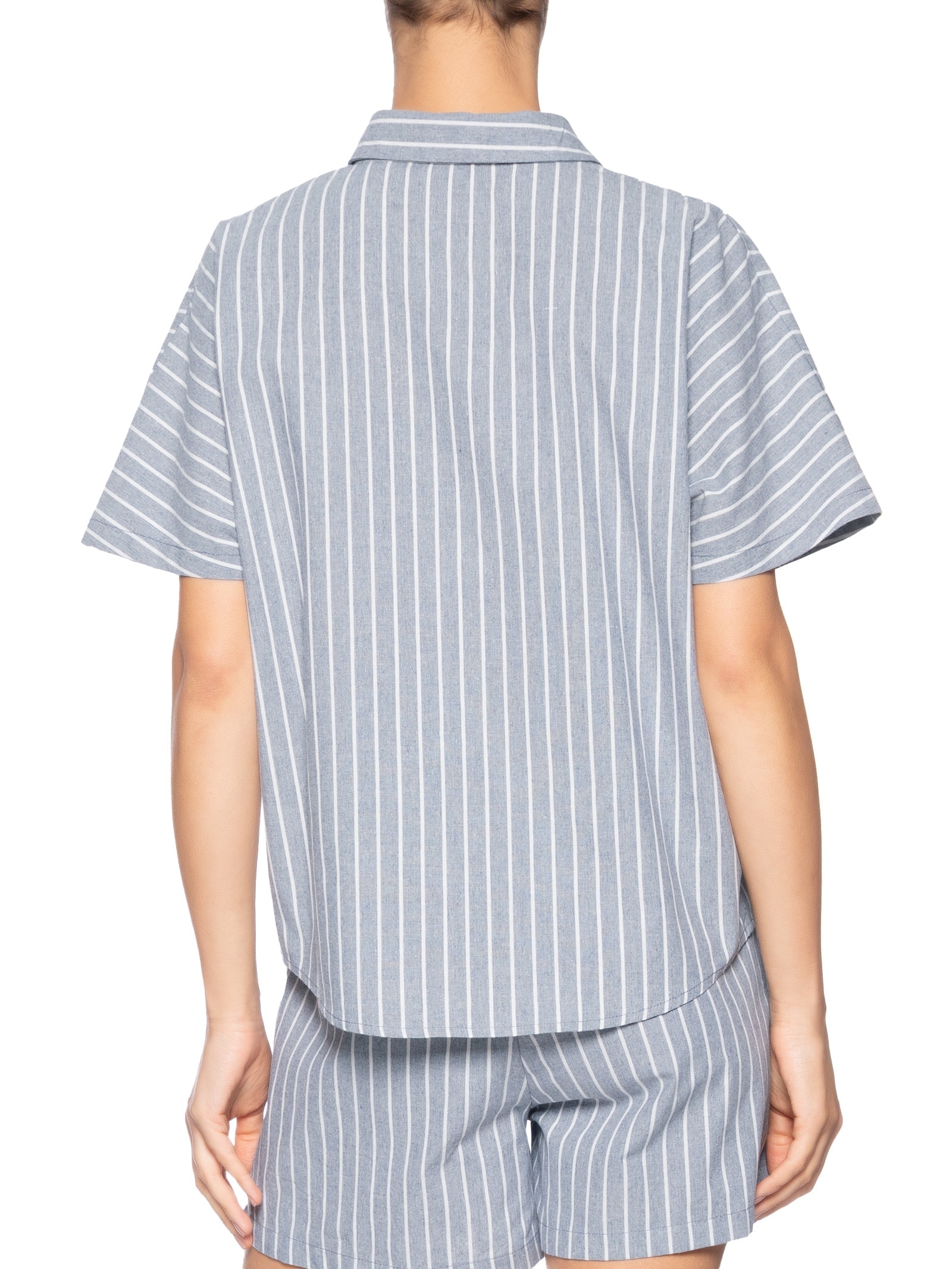 Camisa Feminina Listrada Manga Curta Azul Basiq