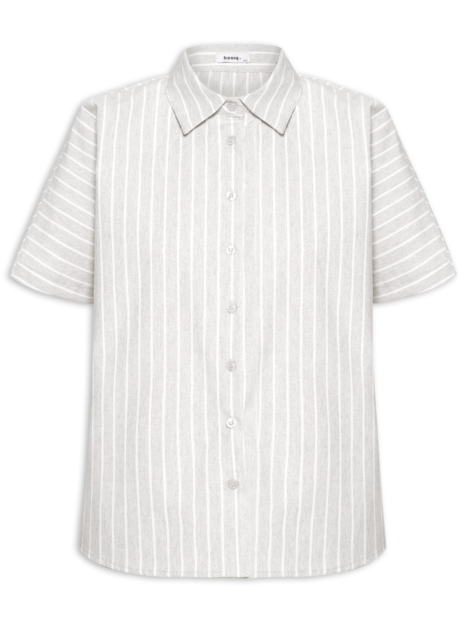 Camisa Feminina Listrada Manga Curta Cinza Basiq