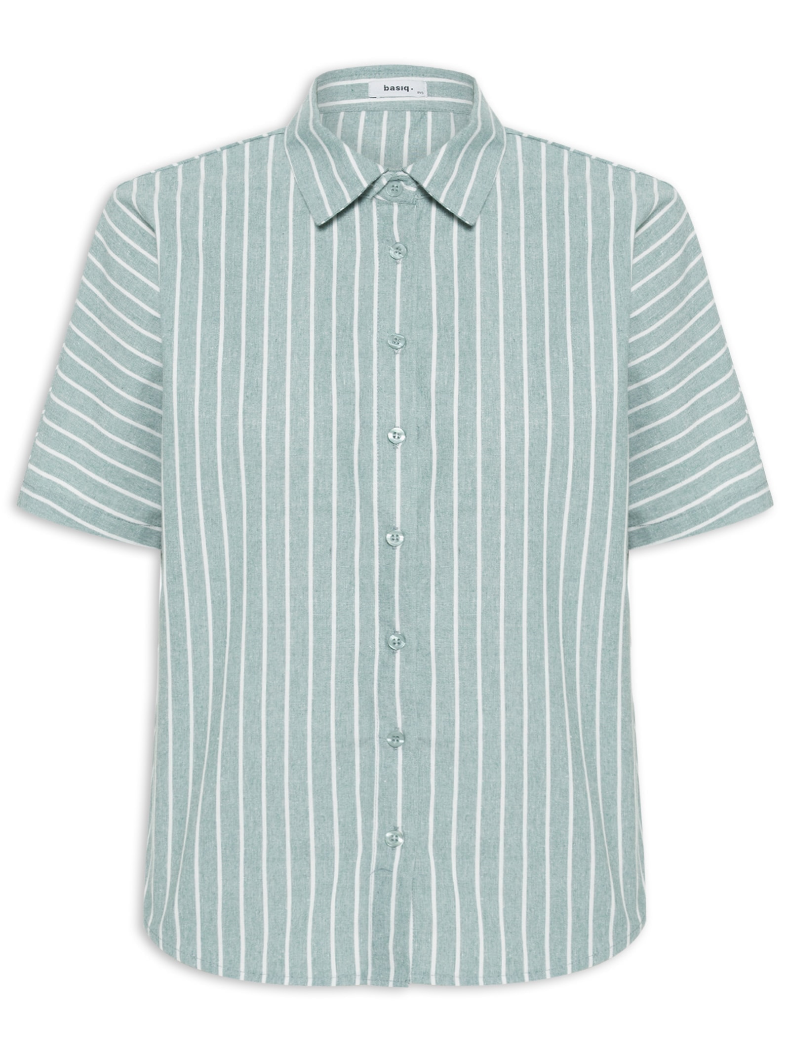 Camisa Feminina Listrada Manga Curta Verde Basiq