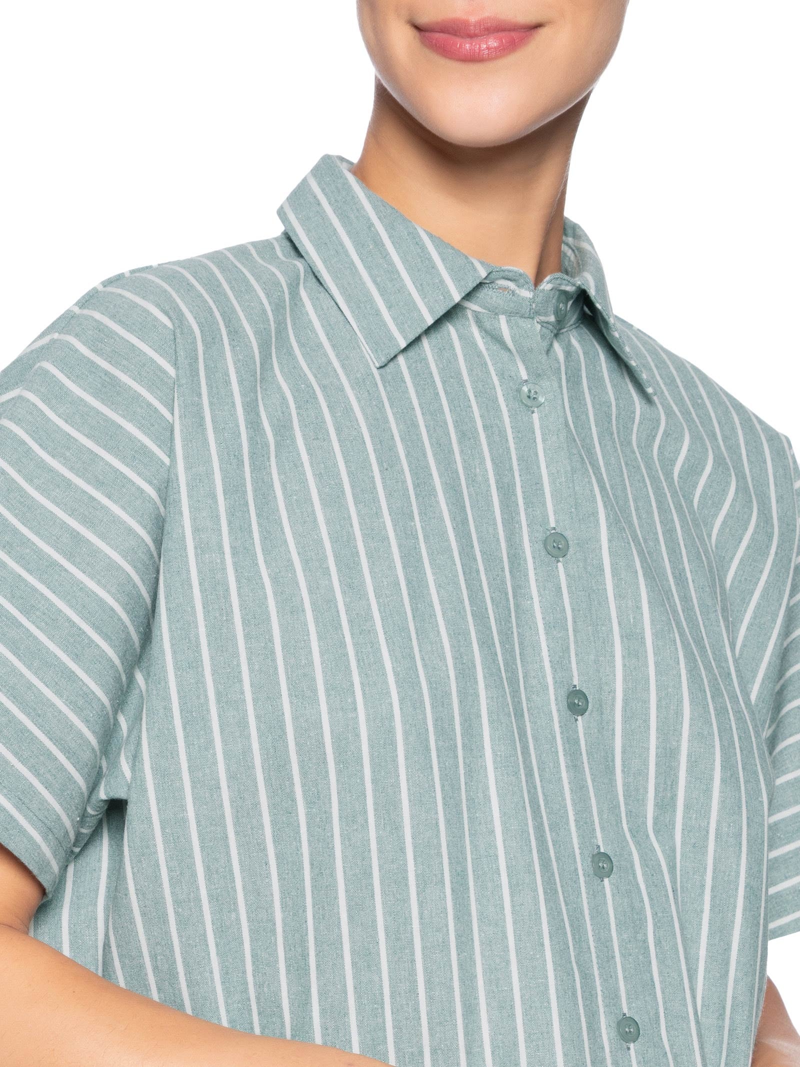 Camisa Feminina Listrada Manga Curta Verde Basiq