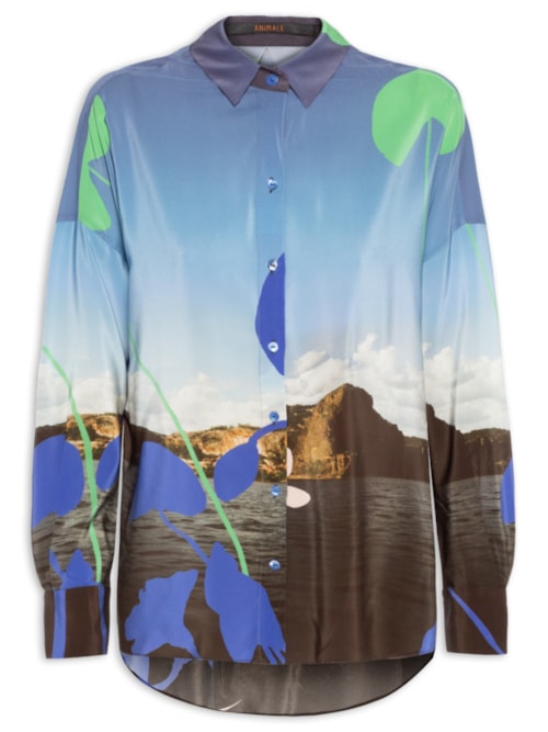Camisa Feminina Localizado Foto Paisagem – Azul