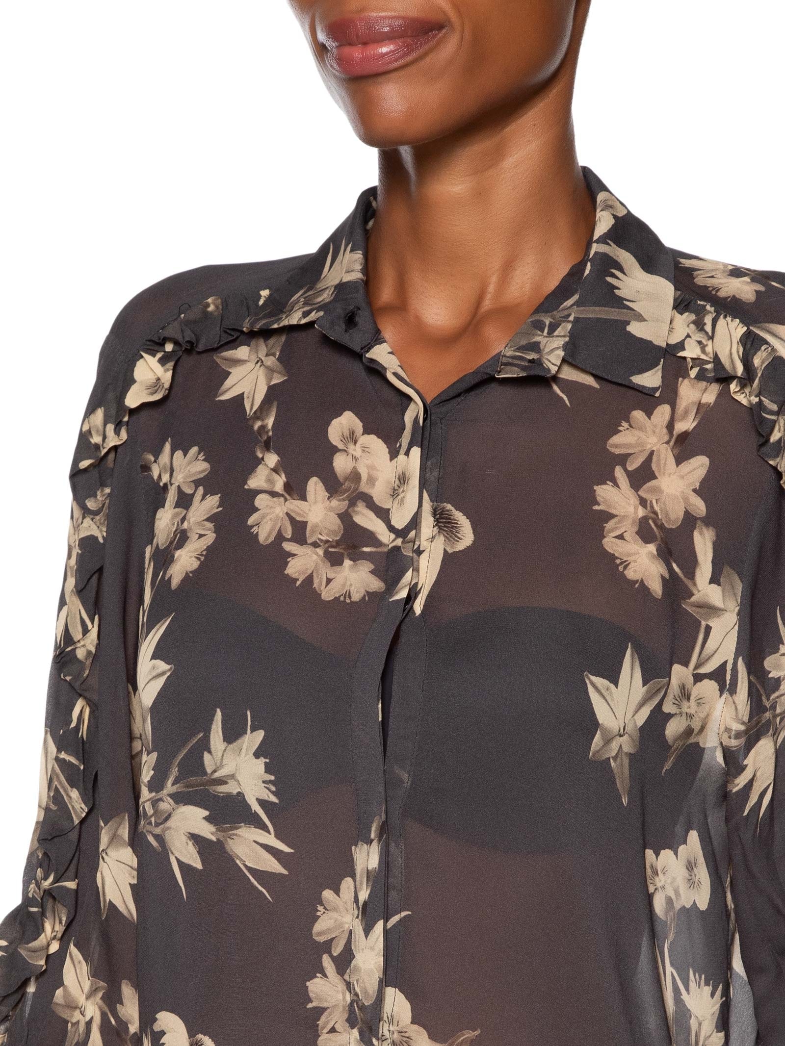 Camisa Feminina Manga Babados Floral Preto Animale