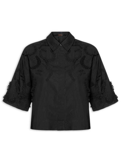 Camisa Feminina Manga Curta Curta Bordada – Preto