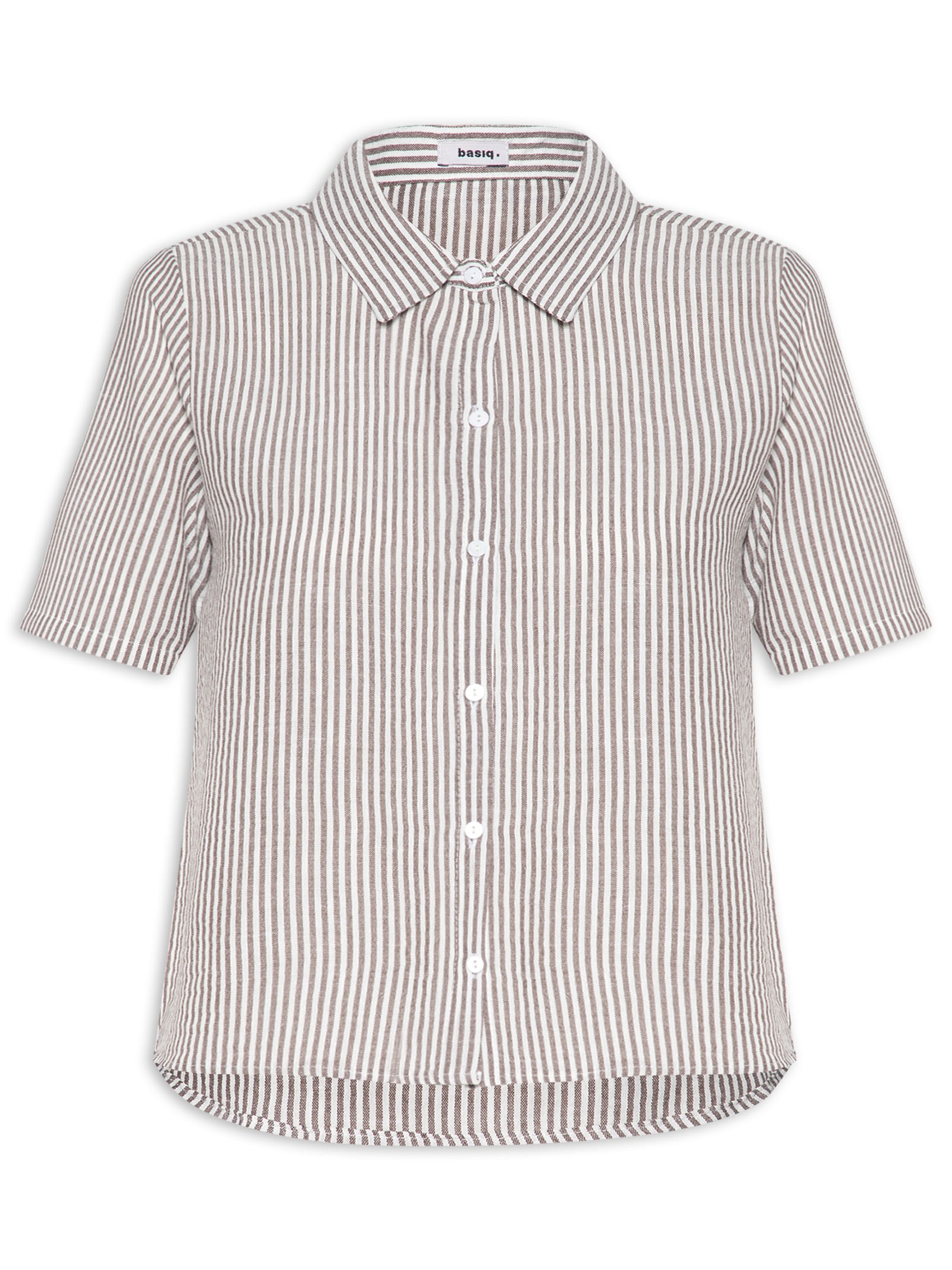 Camisa Feminina Manga Curta Listras Marrom Basiq