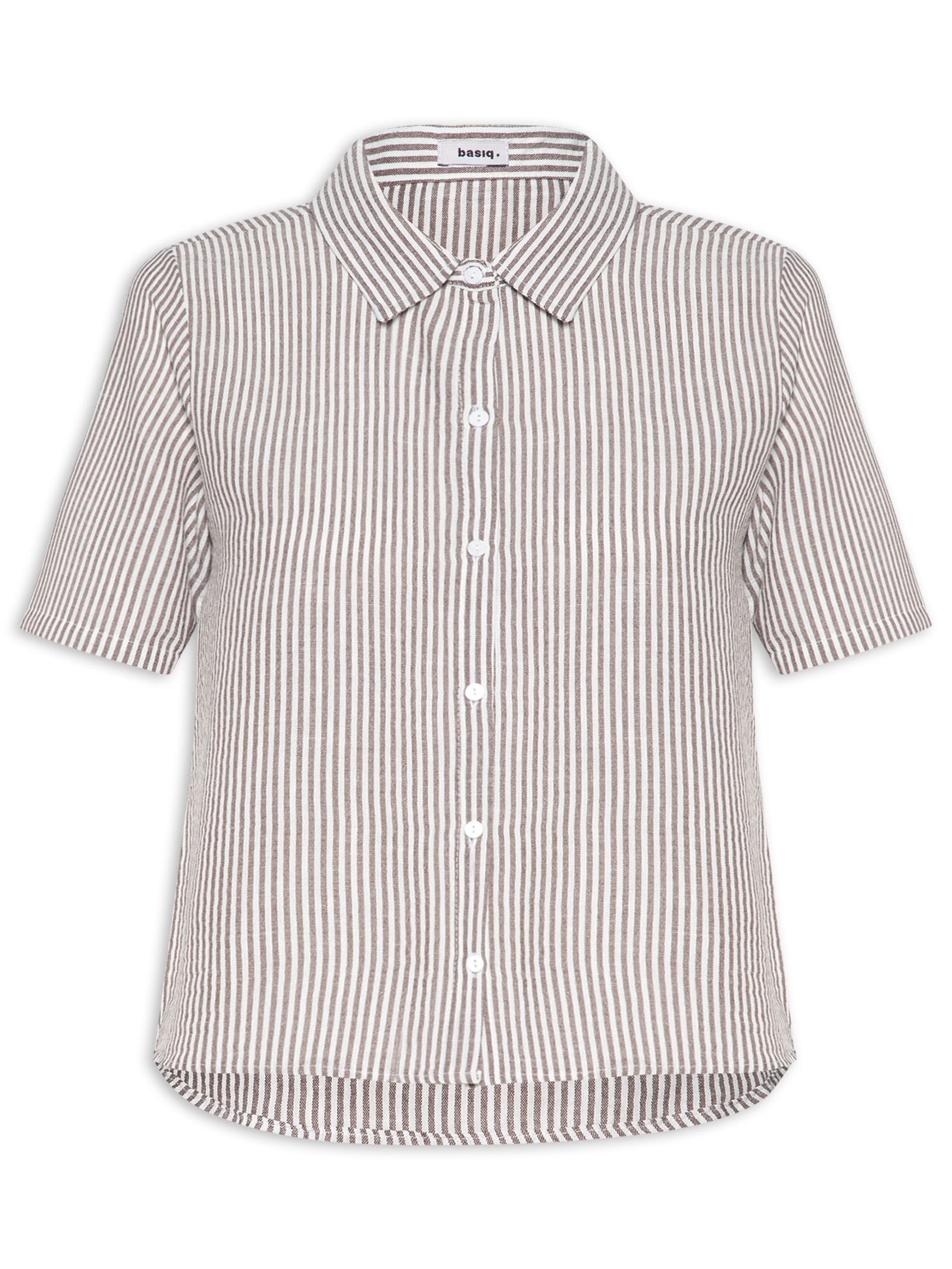 Camisa Feminina Manga Curta Listras Marrom Basiq