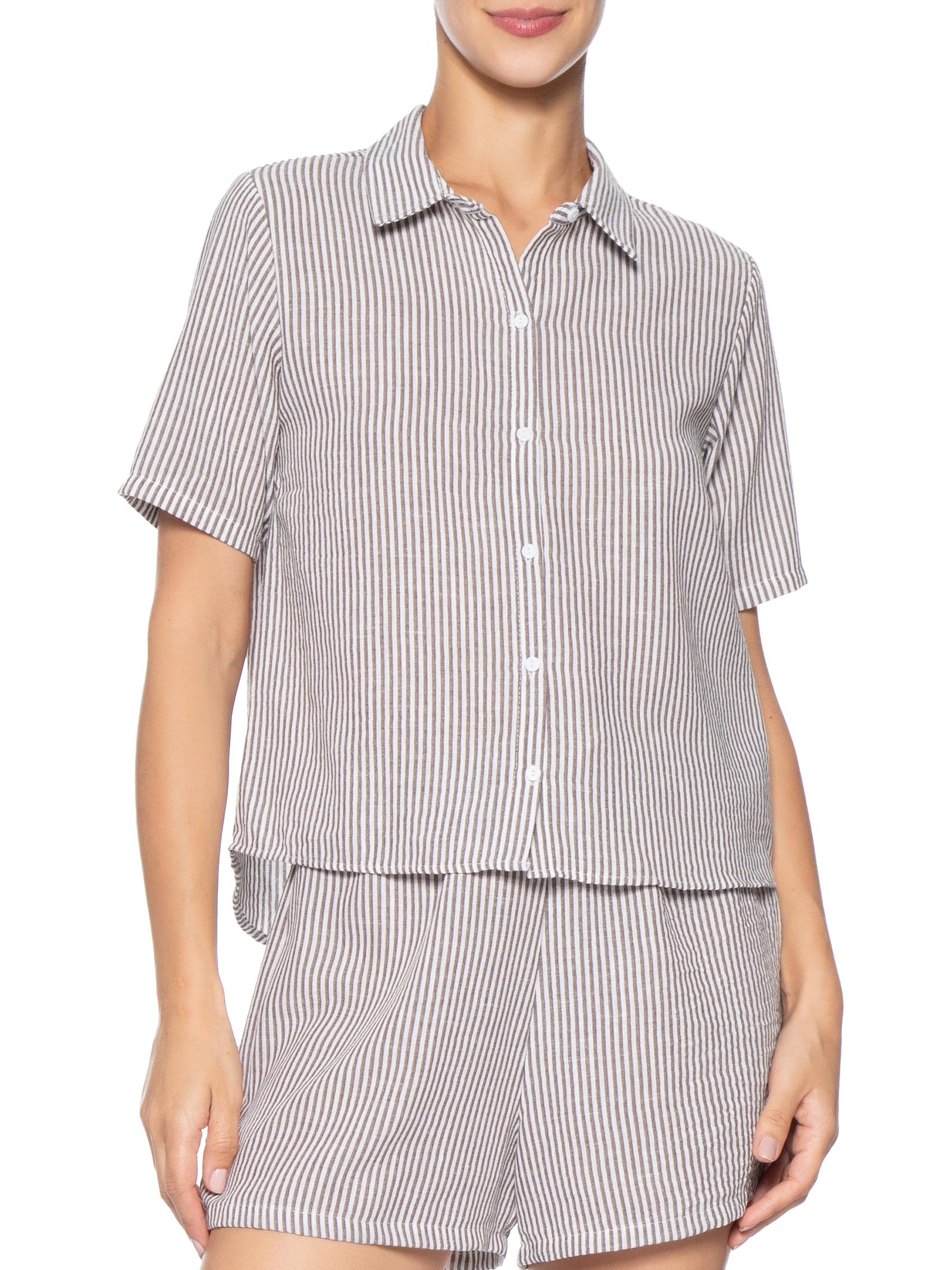 Camisa Feminina Manga Curta Listras Marrom Basiq