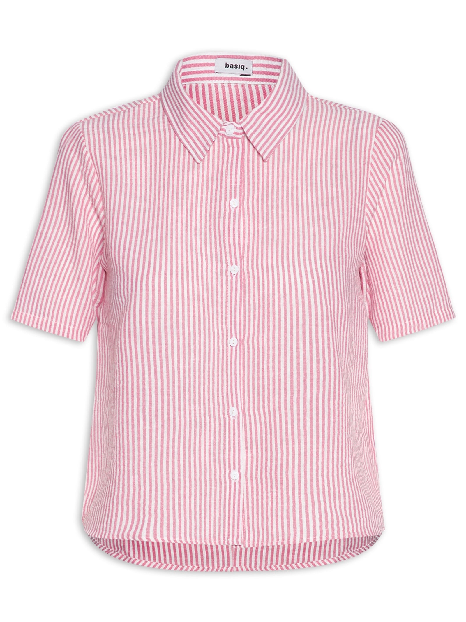 Camisa Feminina Manga Curta Listras Rosa Basiq