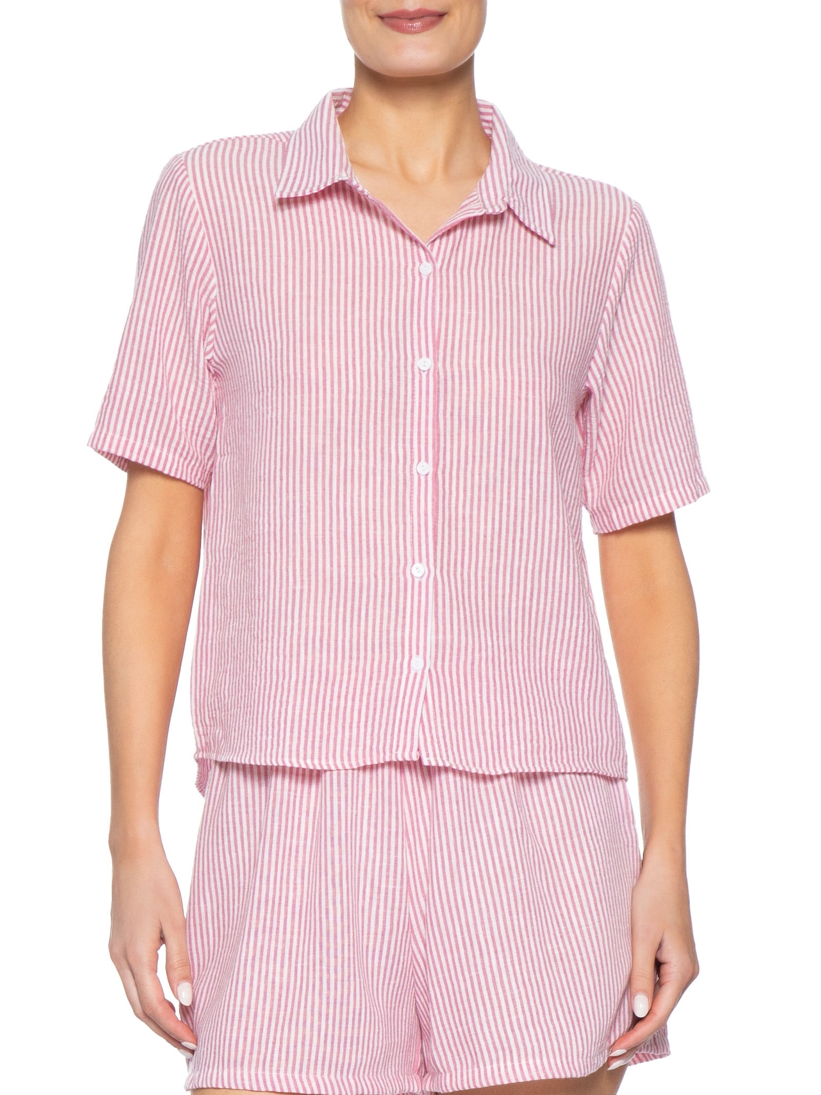 Camisa Feminina Manga Curta Listras Rosa Basiq