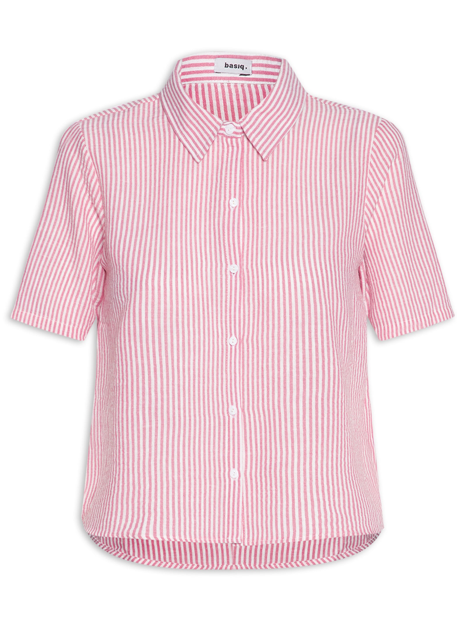 Camisa Feminina Manga Curta Listras Rosa Basiq