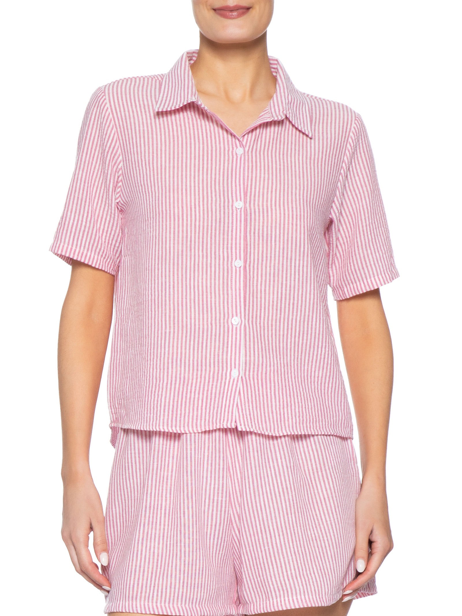 Camisa Feminina Manga Curta Listras Rosa Basiq