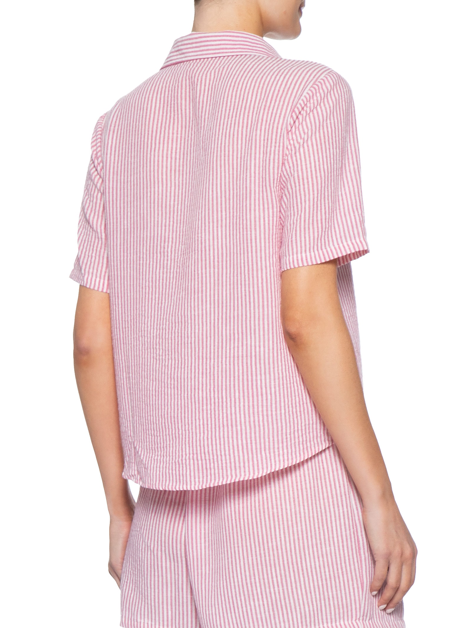 Camisa Feminina Manga Curta Listras Rosa Basiq