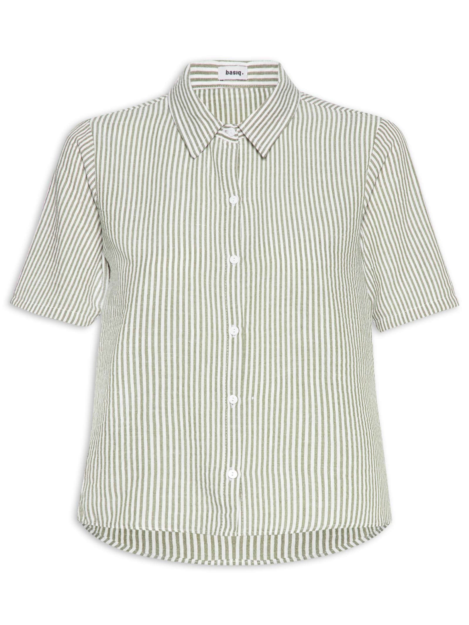 Camisa Feminina Manga Curta Listras Verde Basiq