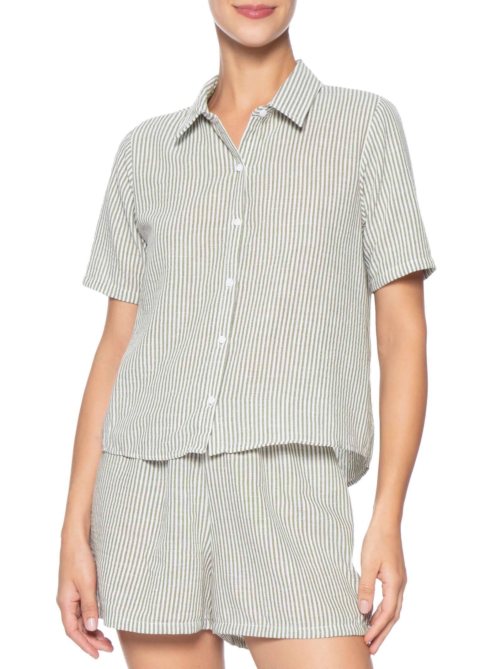 Camisa Feminina Manga Curta Listras Verde Basiq