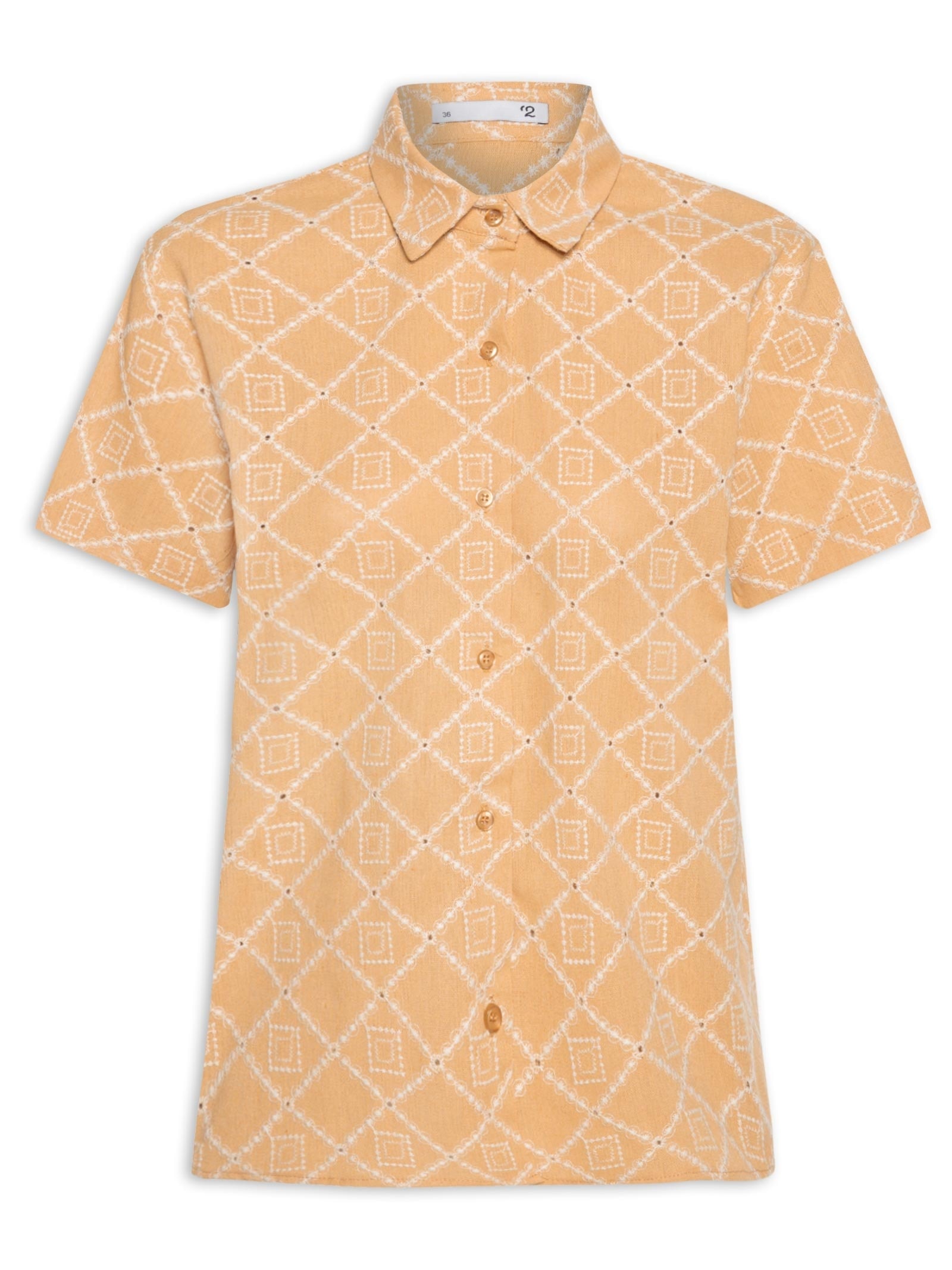 Camisa Feminina Manga Curta Reta Em Linho Misto Bordado Bege '2Essential