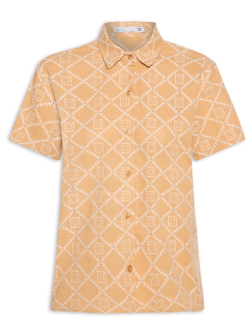 Camisa Feminina Manga Curta Reta Em Linho Misto Bordado – Bege