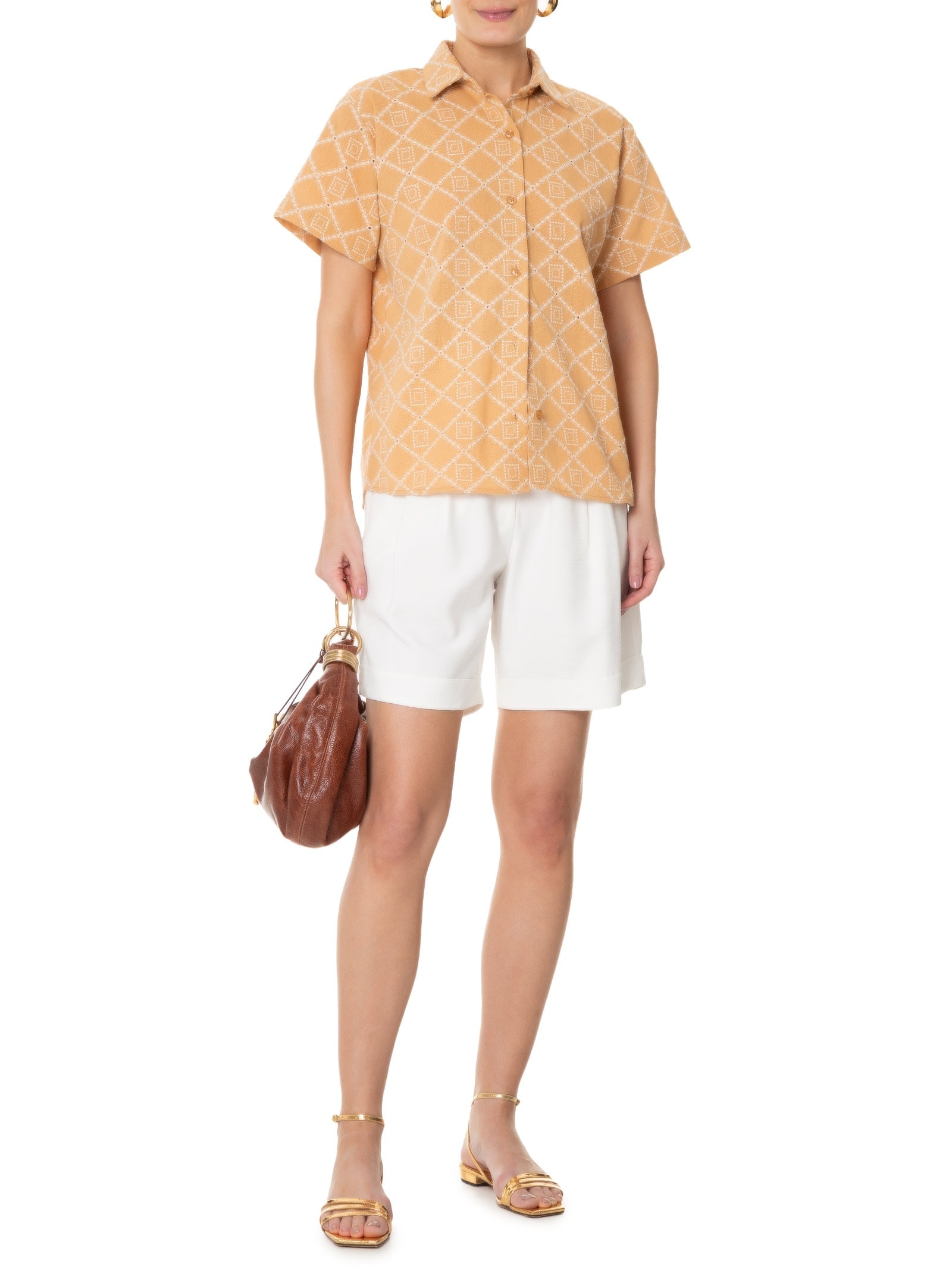 Camisa Feminina Manga Curta Reta Em Linho Misto Bordado Bege '2Essential