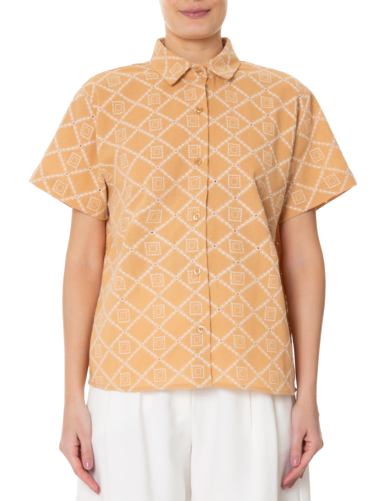 Camisa Feminina Manga Curta Reta Em Linho Misto Bordado Bege '2Essential