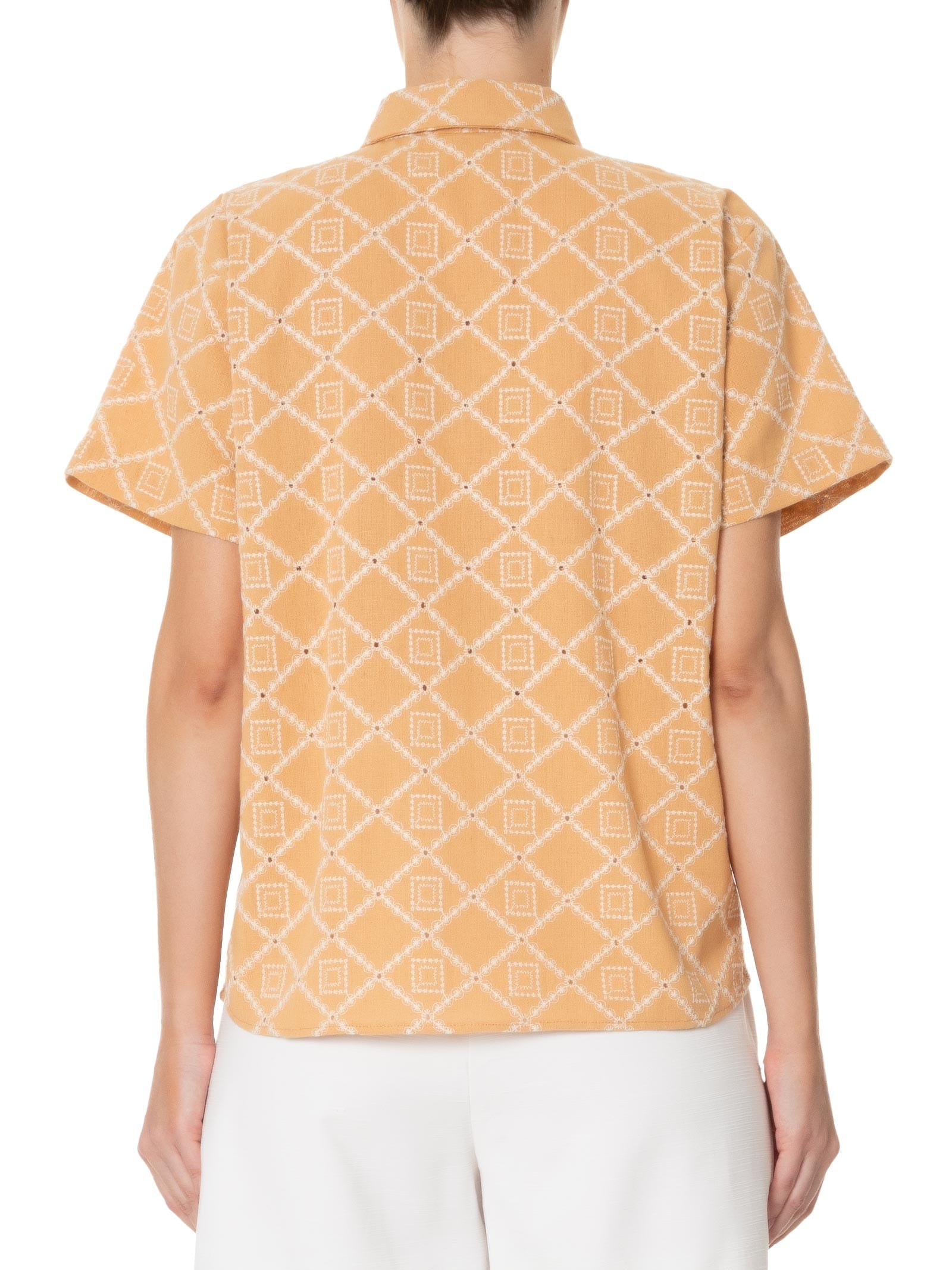 Camisa Feminina Manga Curta Reta Em Linho Misto Bordado Bege '2Essential