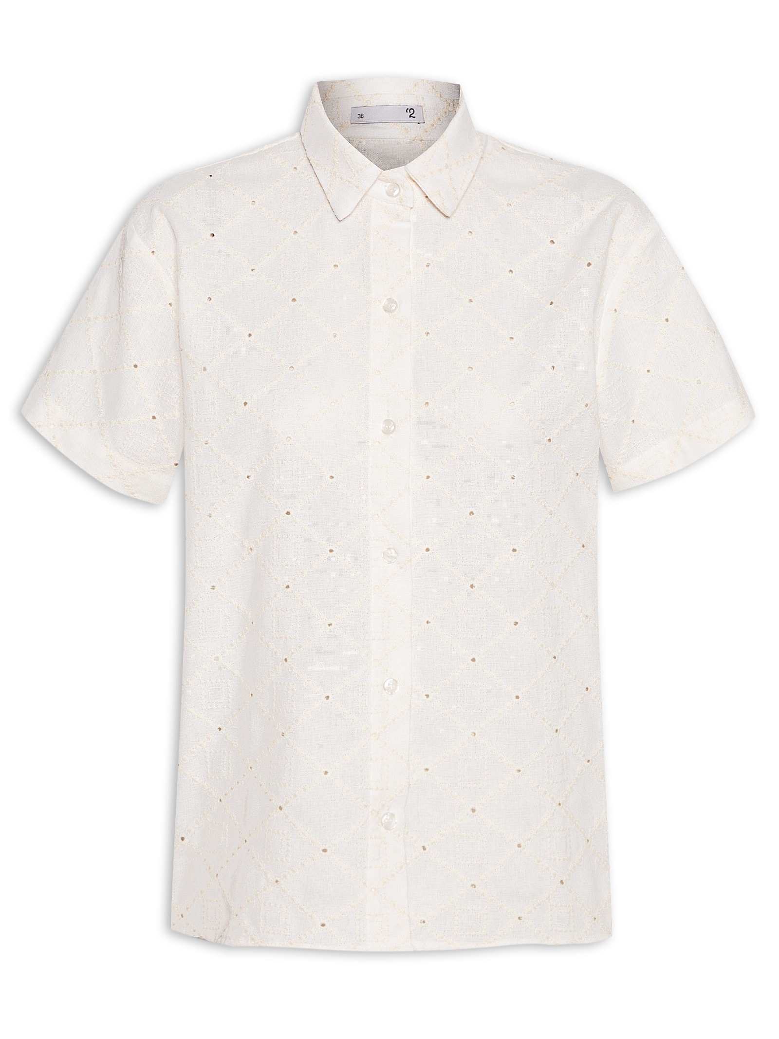 Camisa Feminina Manga Curta Reta Em Linho Misto Bordado Off White '2Essential