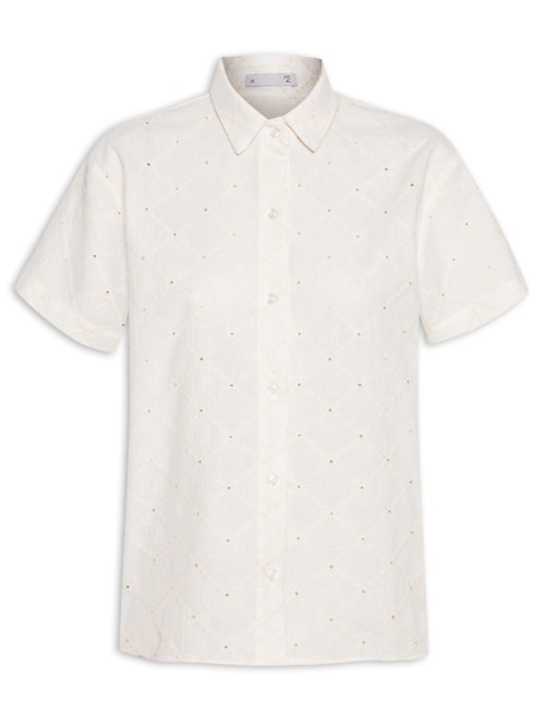 Camisa Feminina Manga Curta Reta Em Linho Misto Bordado – Off White