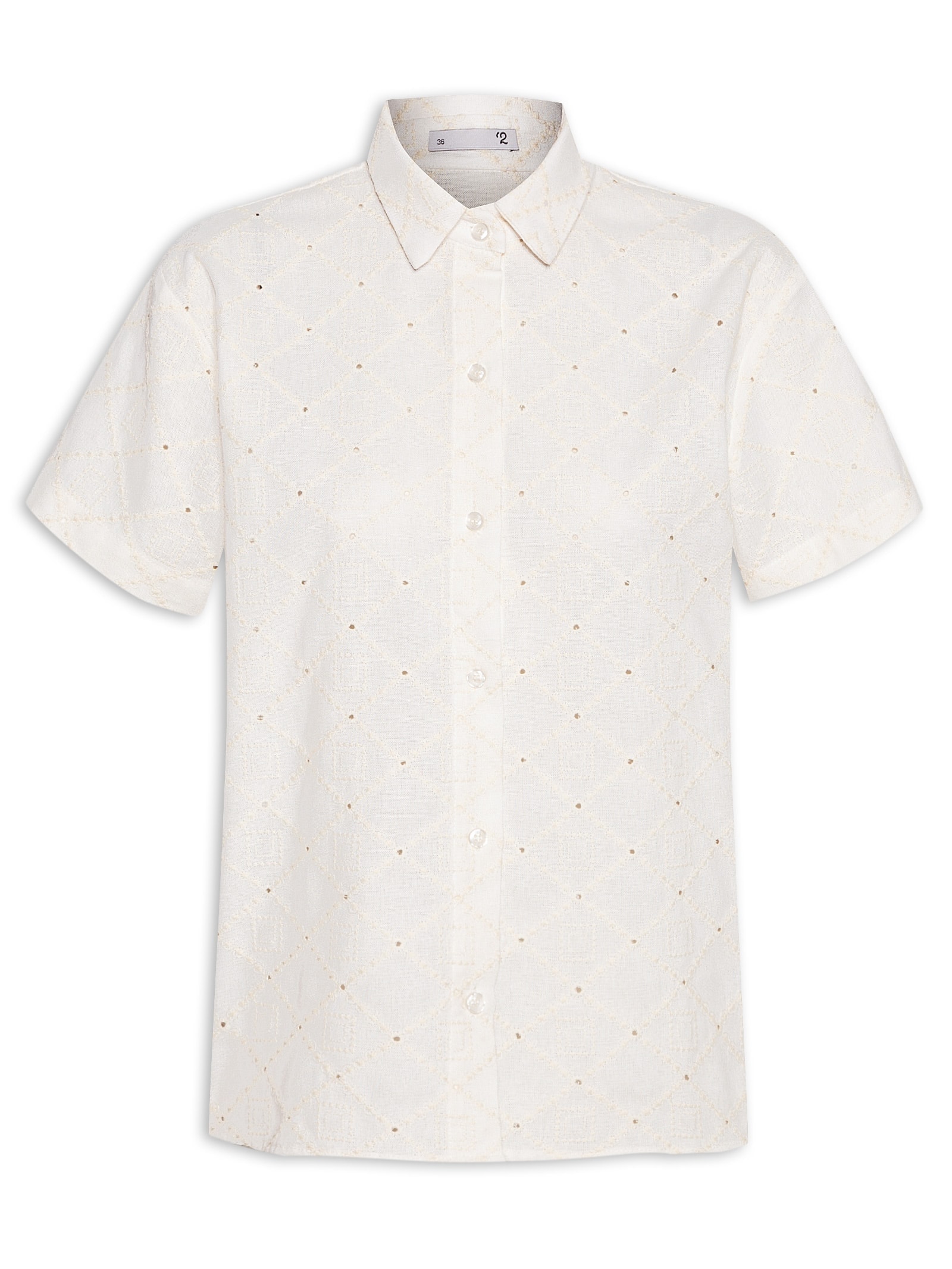 Camisa Feminina Manga Curta Reta Em Linho Misto Bordado Off White '2Essential