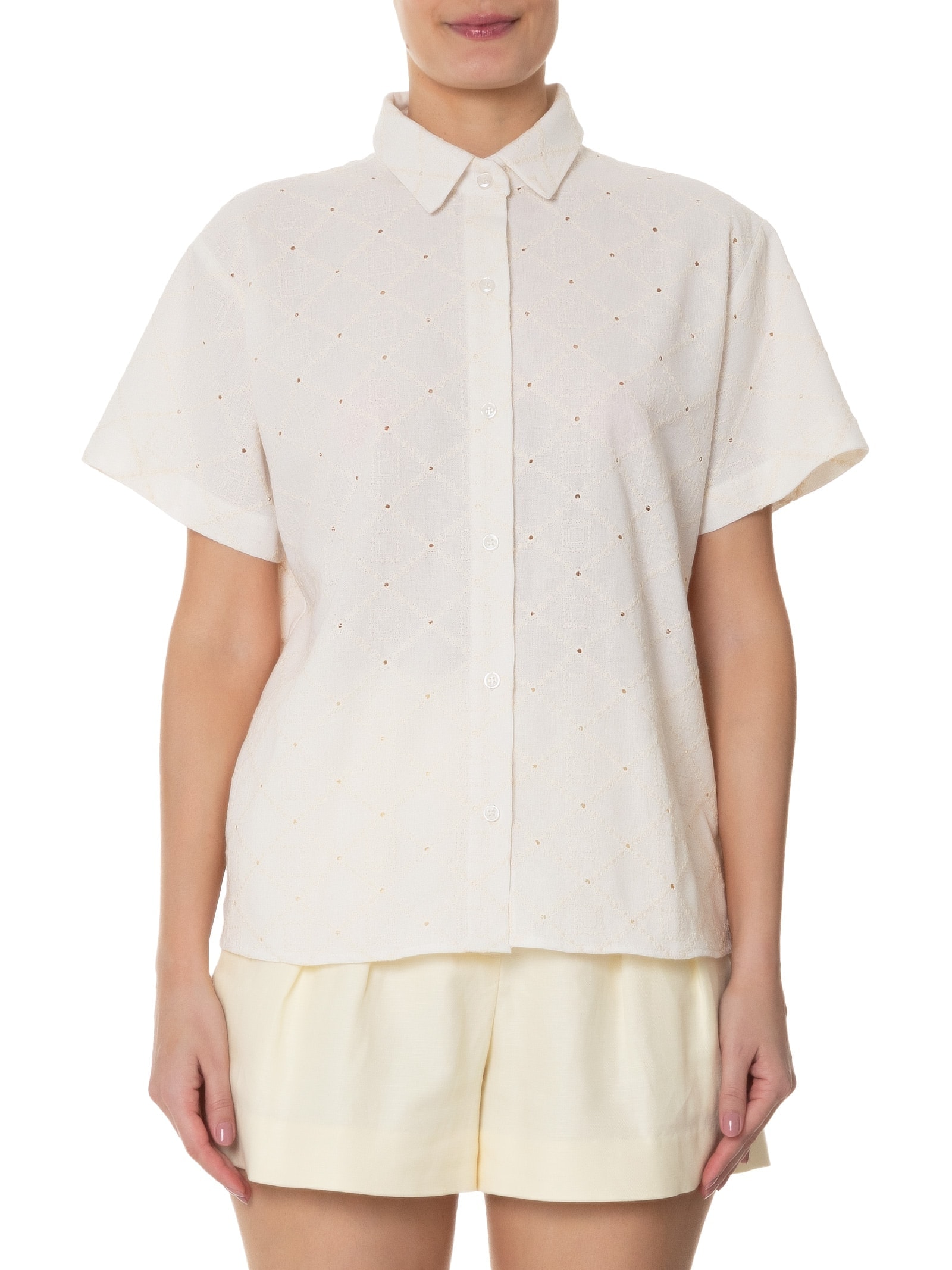 Camisa Feminina Manga Curta Reta Em Linho Misto Bordado Off White '2Essential