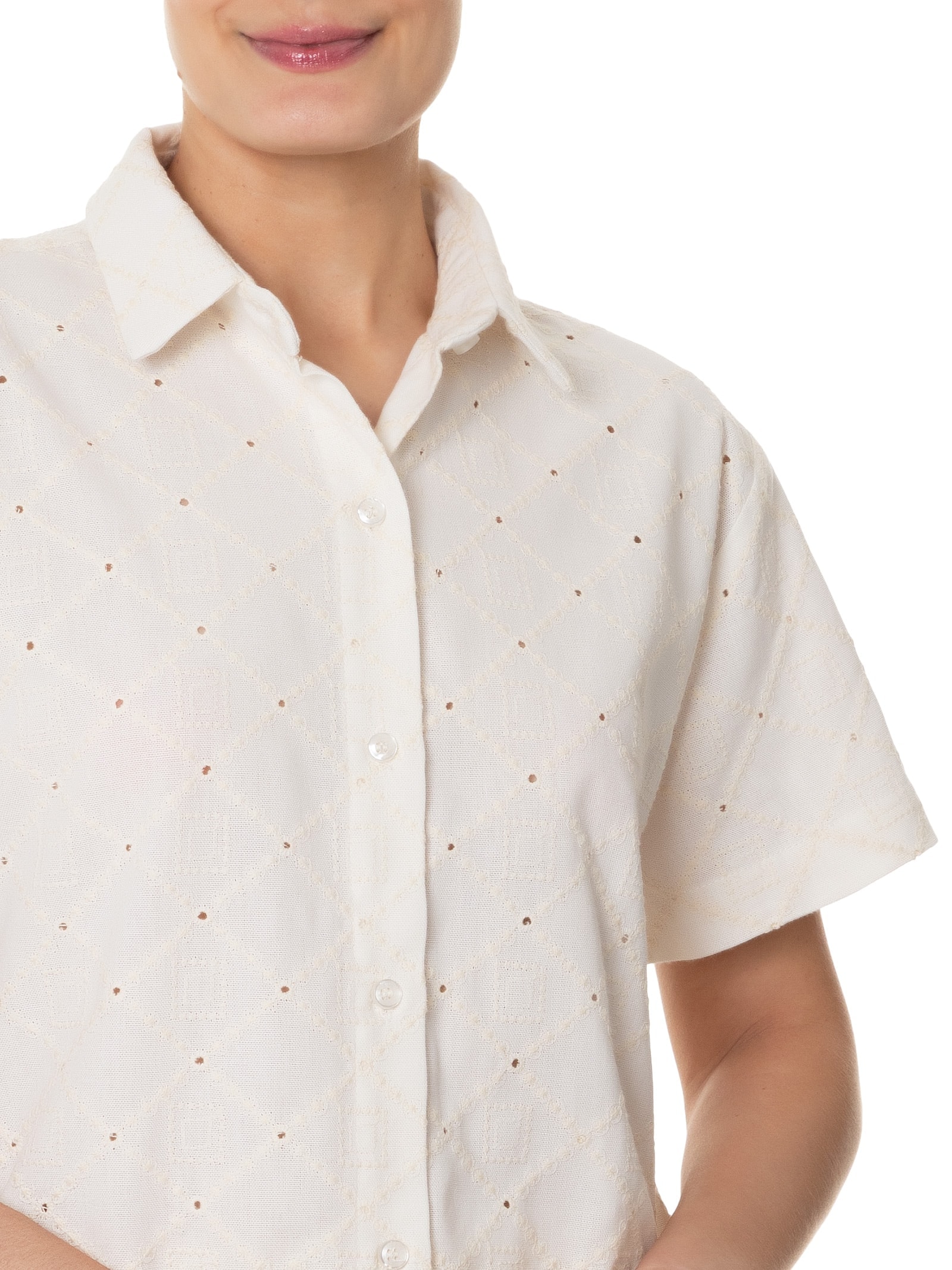 Camisa Feminina Manga Curta Reta Em Linho Misto Bordado Off White '2Essential