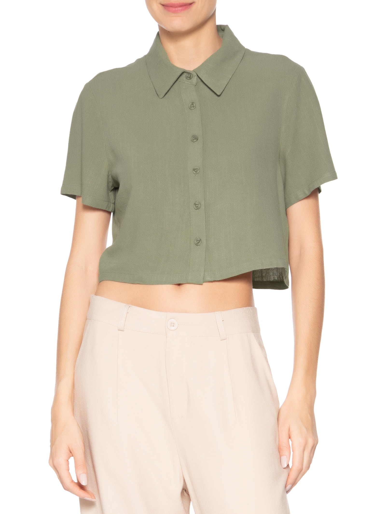 Camisa Feminina Manga Curta Texturizada Verde Basiq