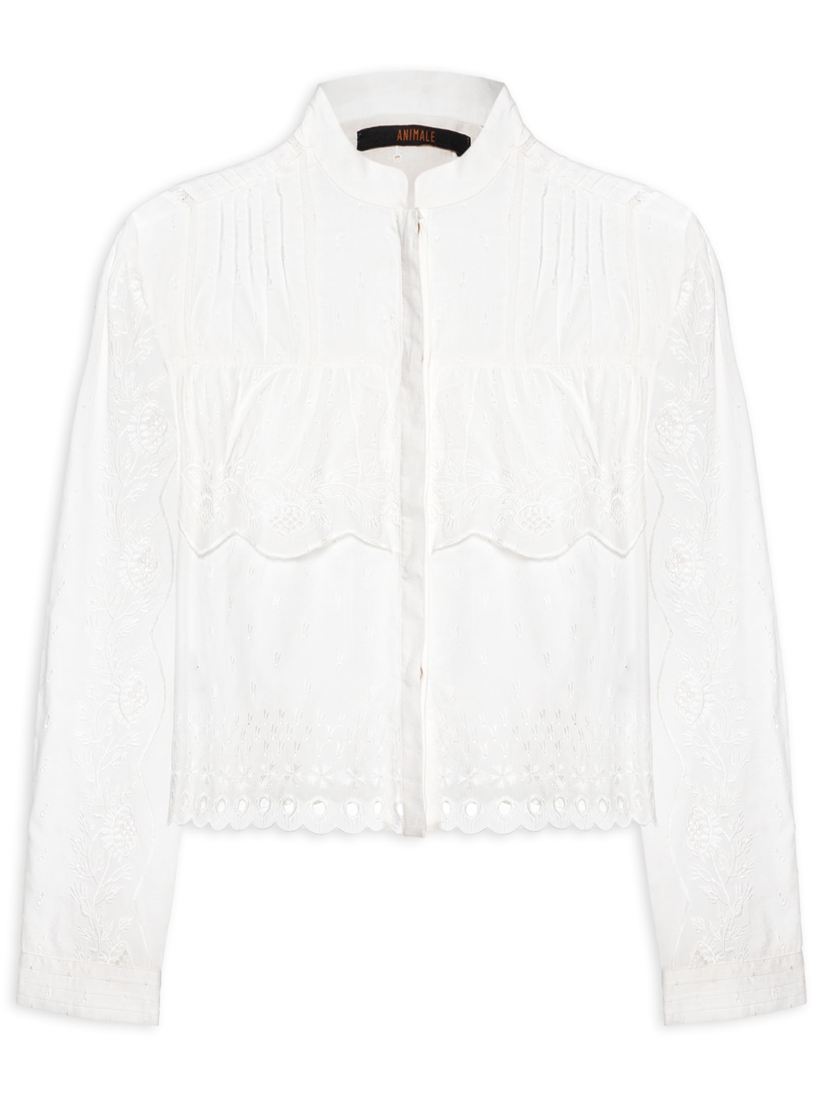 Camisa Feminina Manga Longa Bordado Camadas Branco Animale