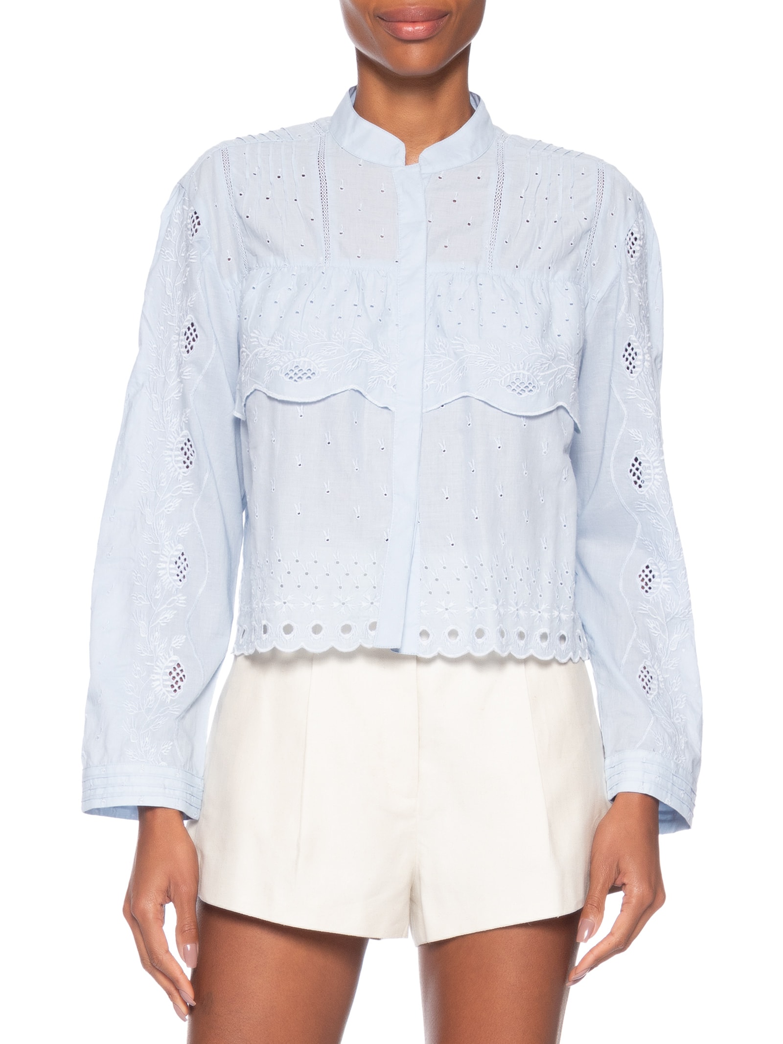 Camisa Feminina Manga Longa Bordado Camadas Color Azul Animale