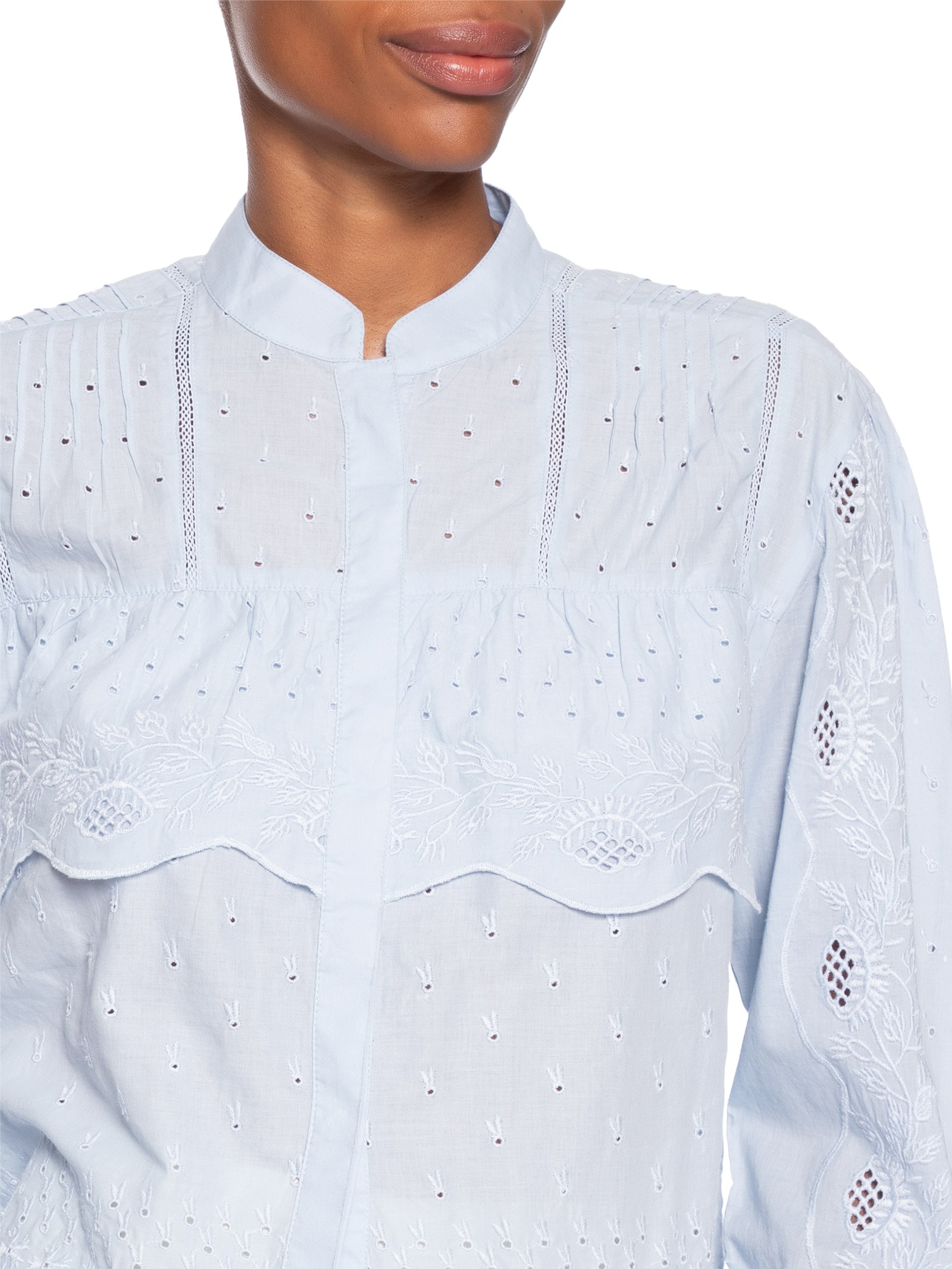 Camisa Feminina Manga Longa Bordado Camadas Color Azul Animale