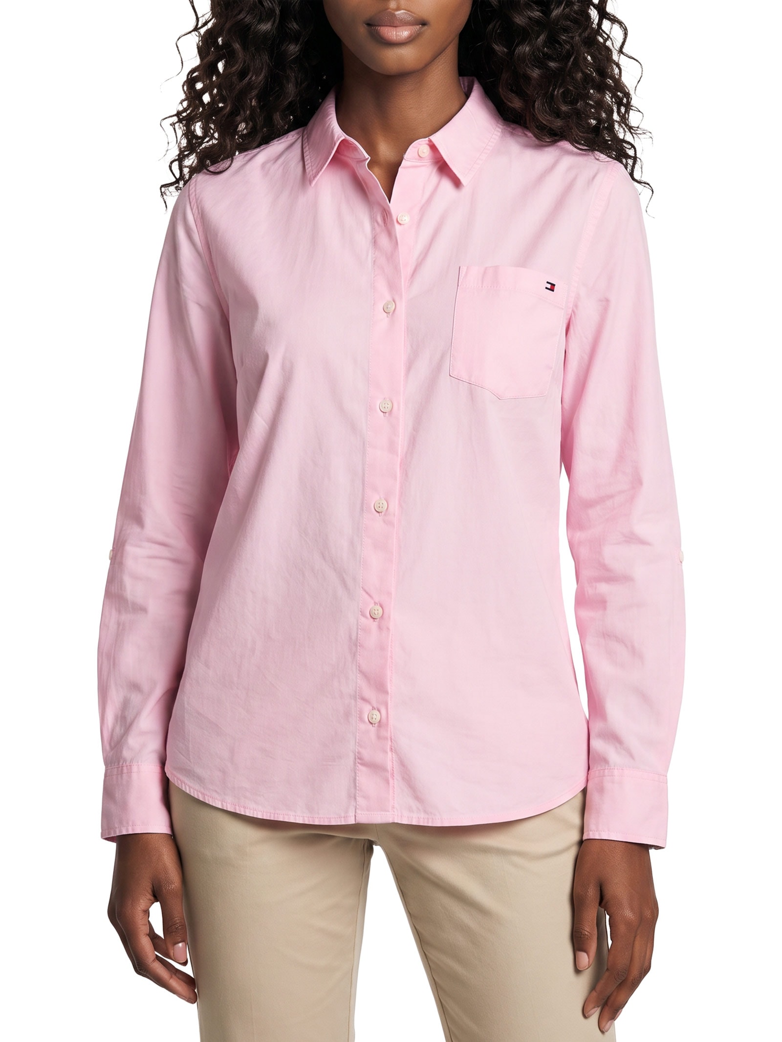 Camisa Feminina Manga Longa Classic Poplin Roll-Tab Ls Rosa Tommy Hilfiger