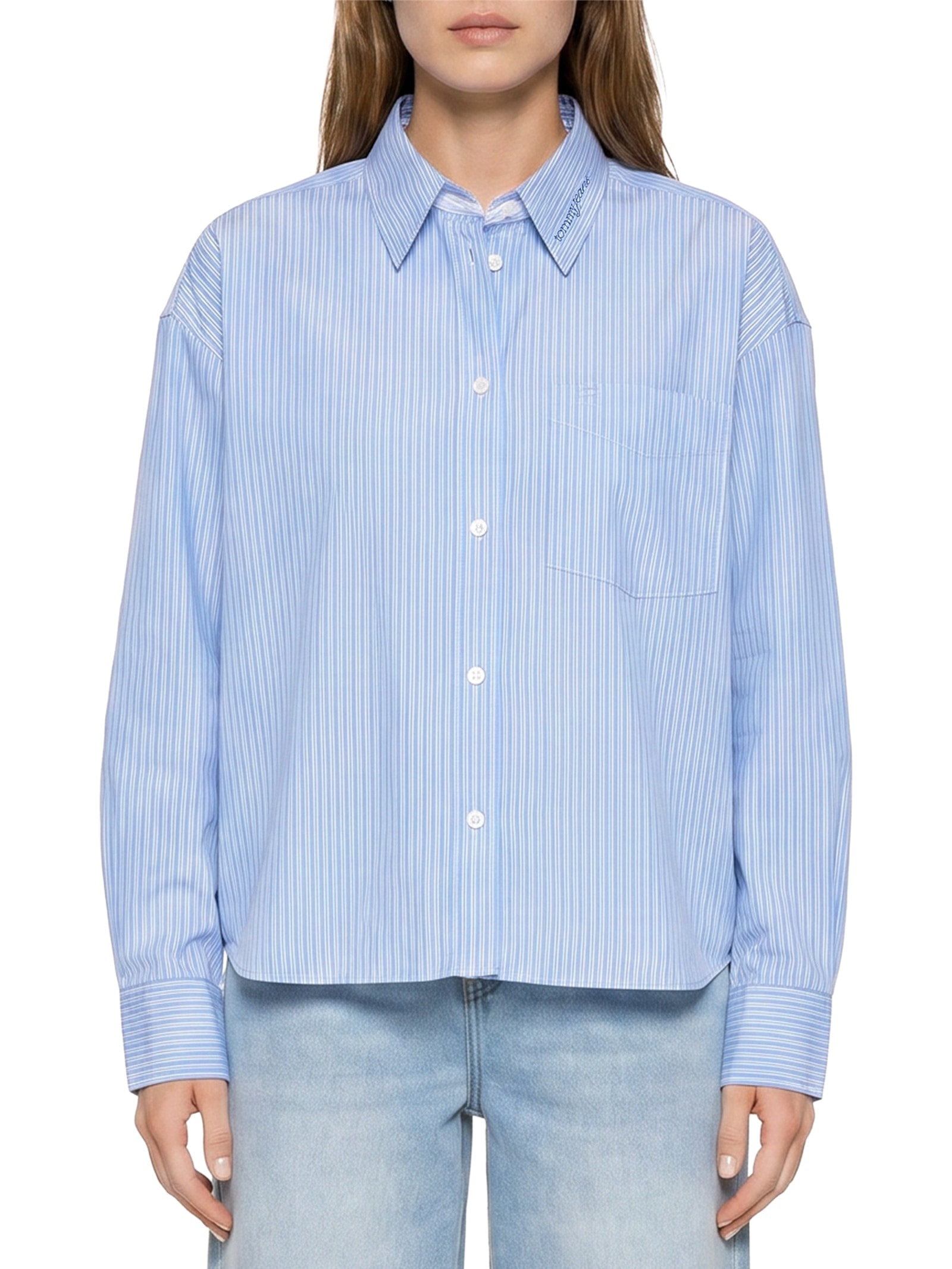 Camisa Feminina Manga Longa Crop Oxford Azul Tommy Jeans