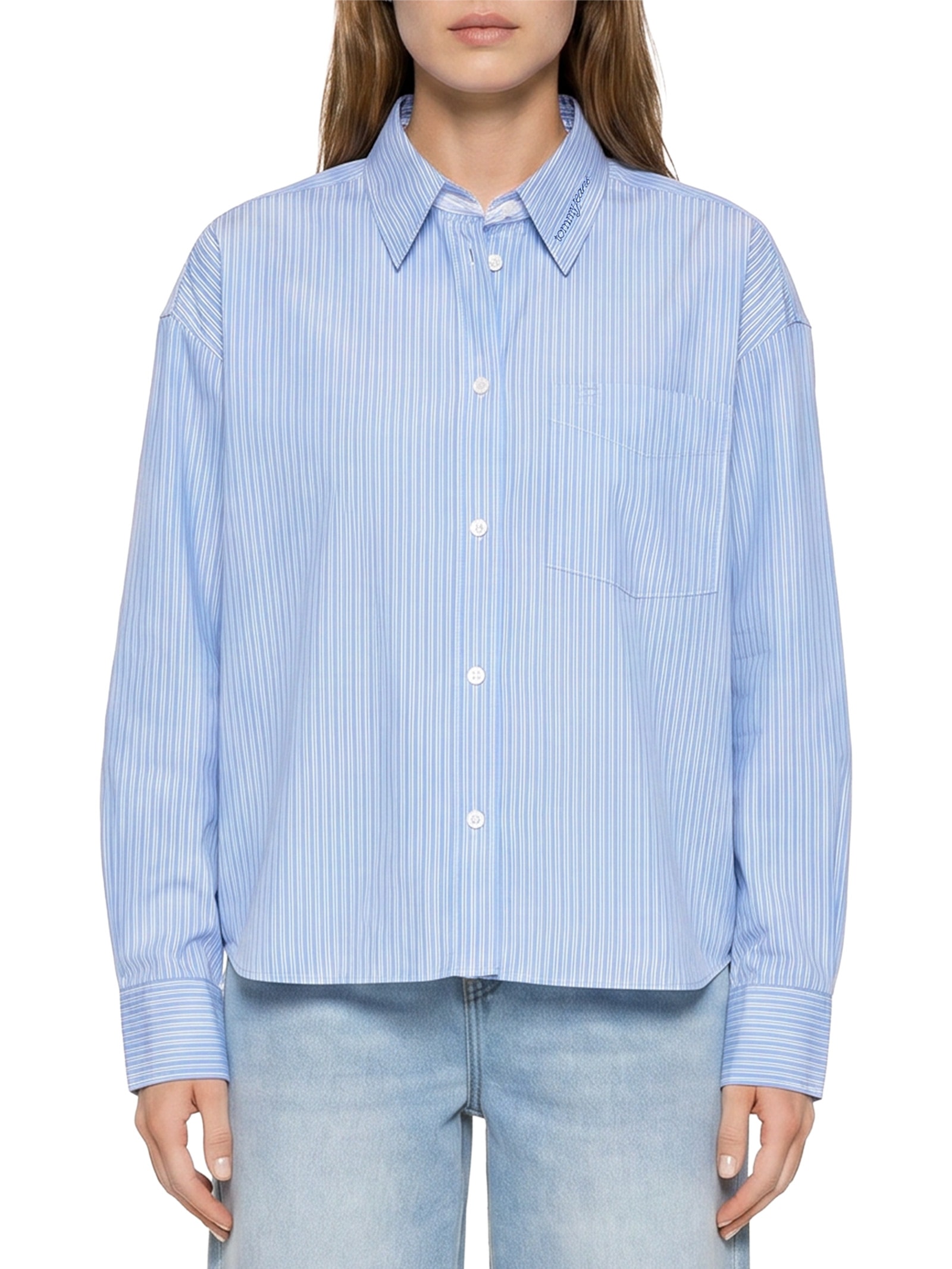 Camisa Feminina Manga Longa Crop Oxford Azul Tommy Jeans