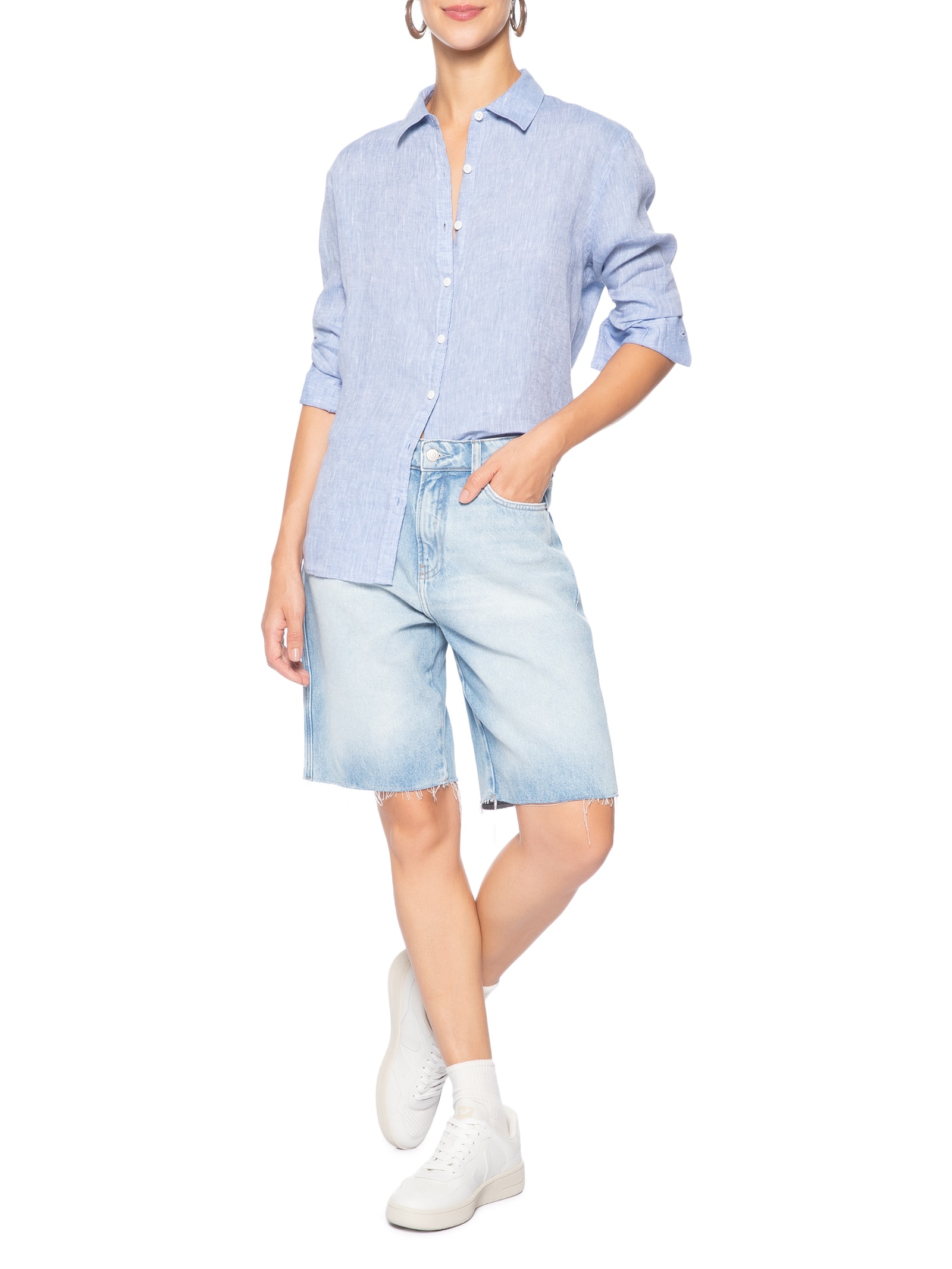 Camisa Feminina Manga Longa De Linho Fio Tinto Azul Calvin Klein Jeans