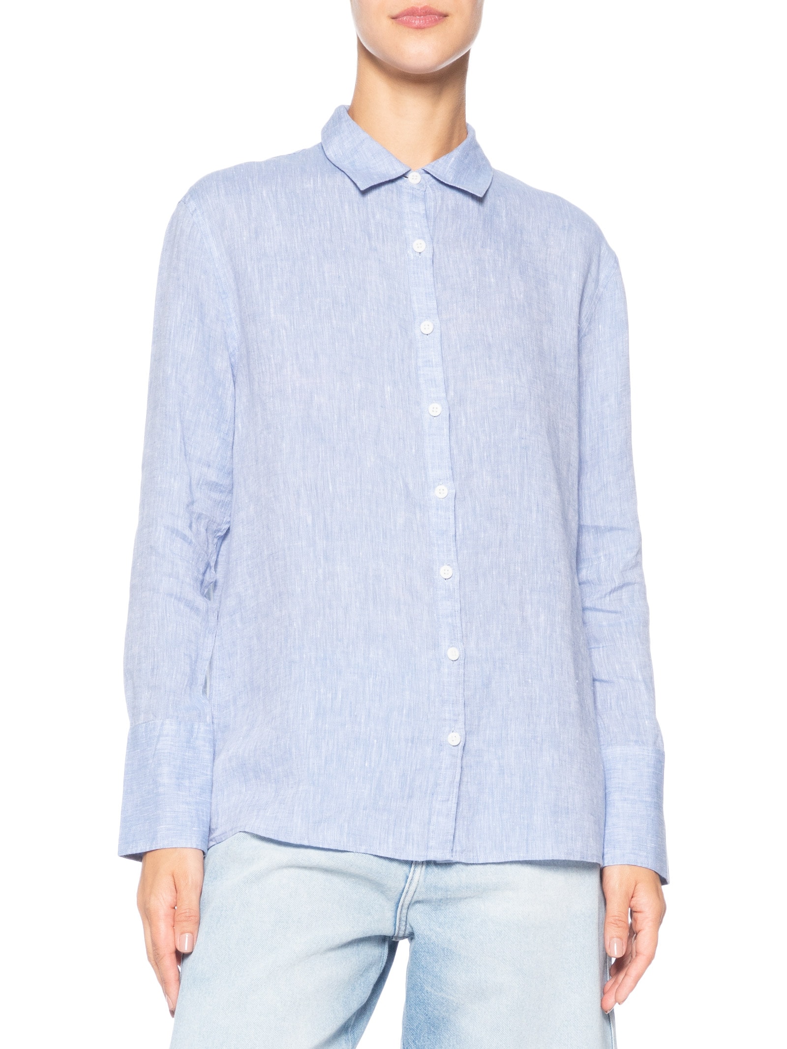 Camisa Feminina Manga Longa De Linho Fio Tinto Azul Calvin Klein Jeans