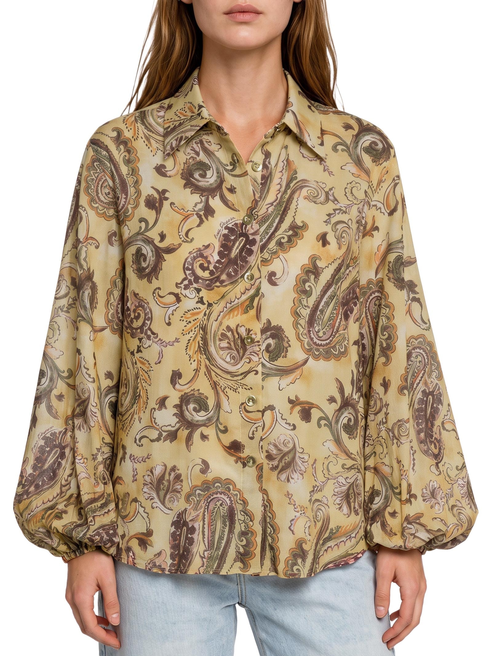 Camisa Feminina Manga Longa Estampada – Amarelo Lança Perfume