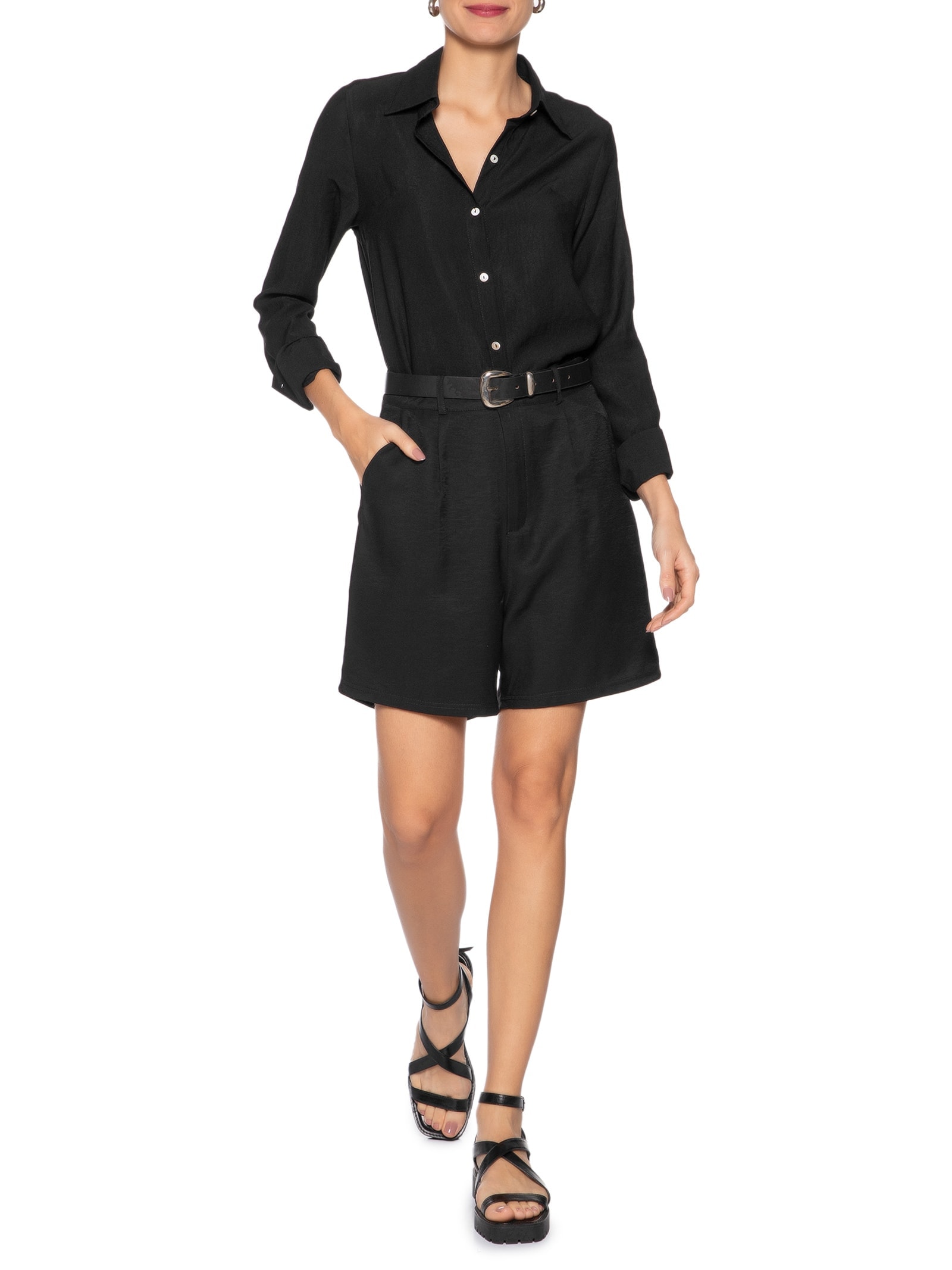 Camisa Feminina Manga Longa Justa Ao Corpo Preto Basiq