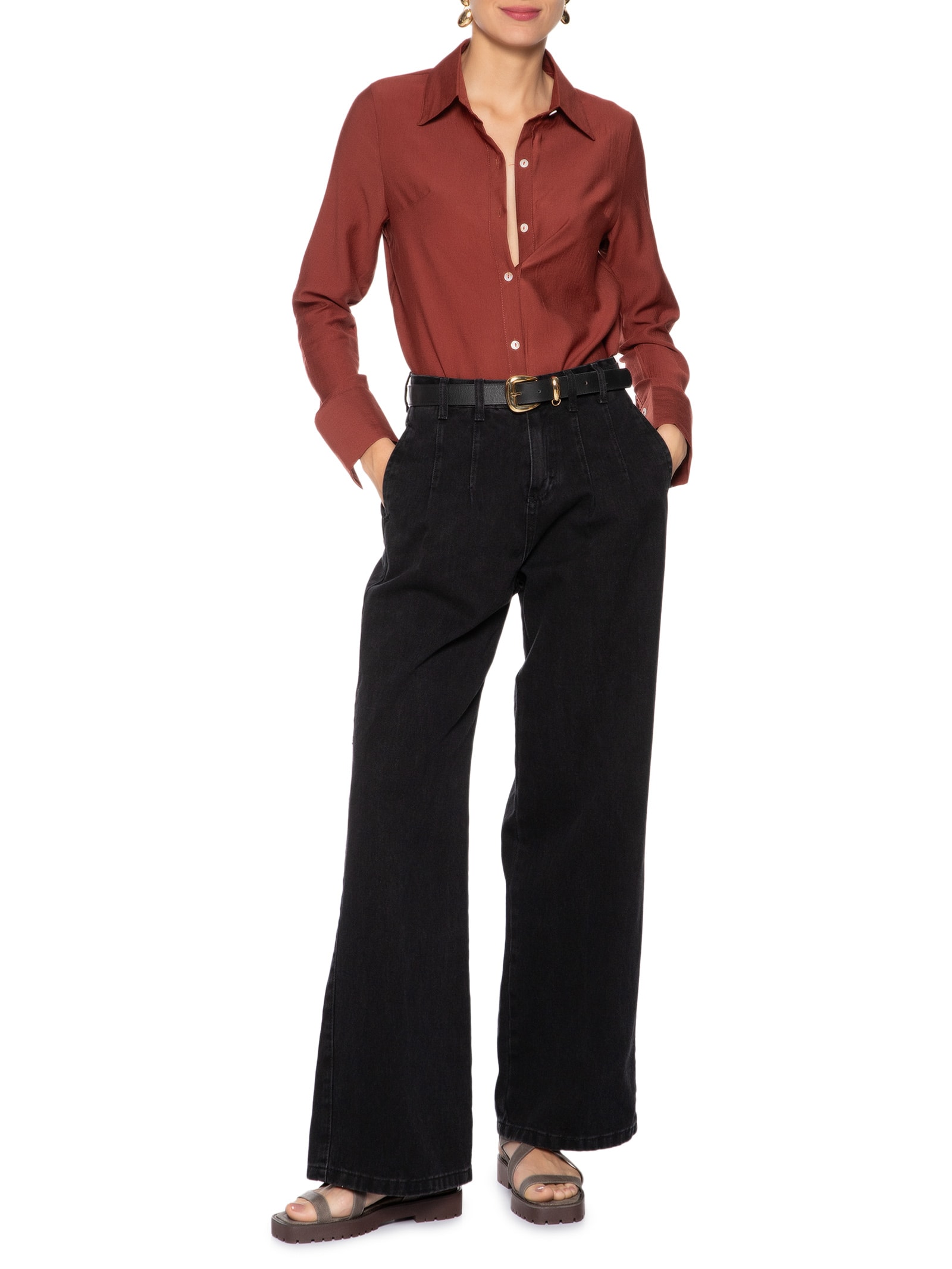 Camisa Feminina Manga Longa Justa Ao Corpo Vinho Basiq