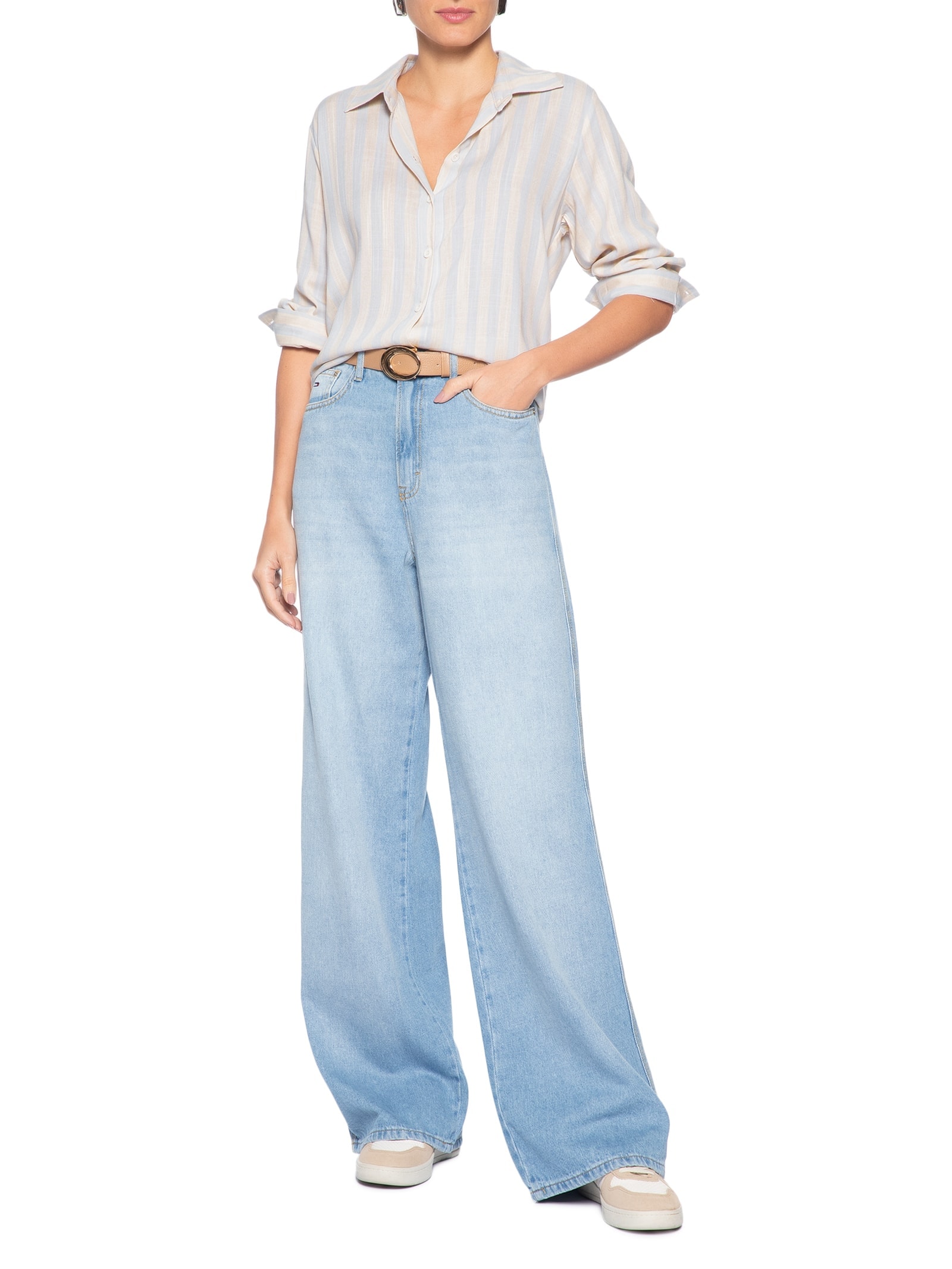 Camisa Feminina Manga Longa Listrada Azul Basiq
