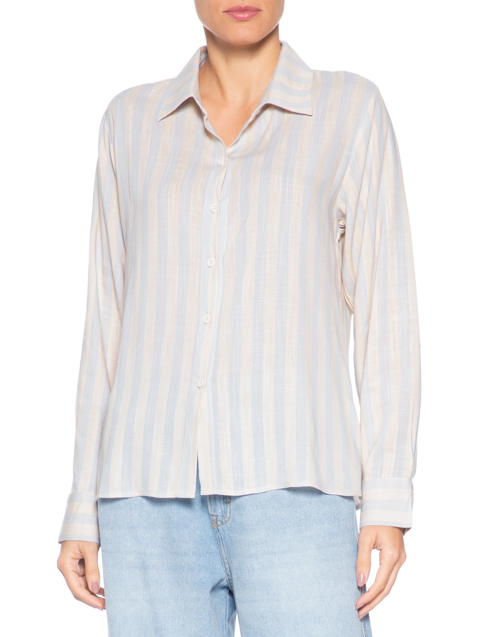 Camisa Feminina Manga Longa Listrada Azul Basiq