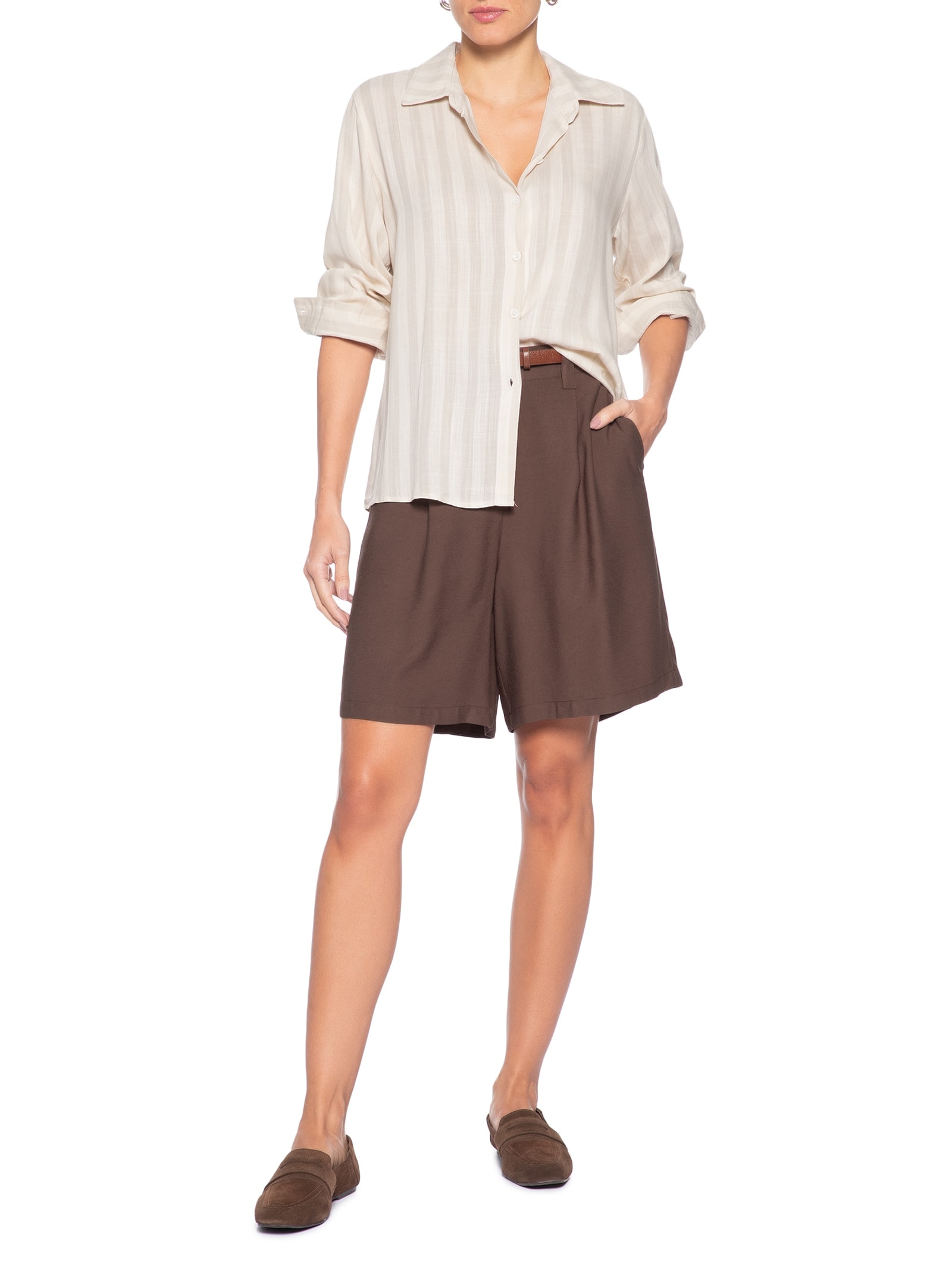 Camisa Feminina Manga Longa Listrada Bege Basiq