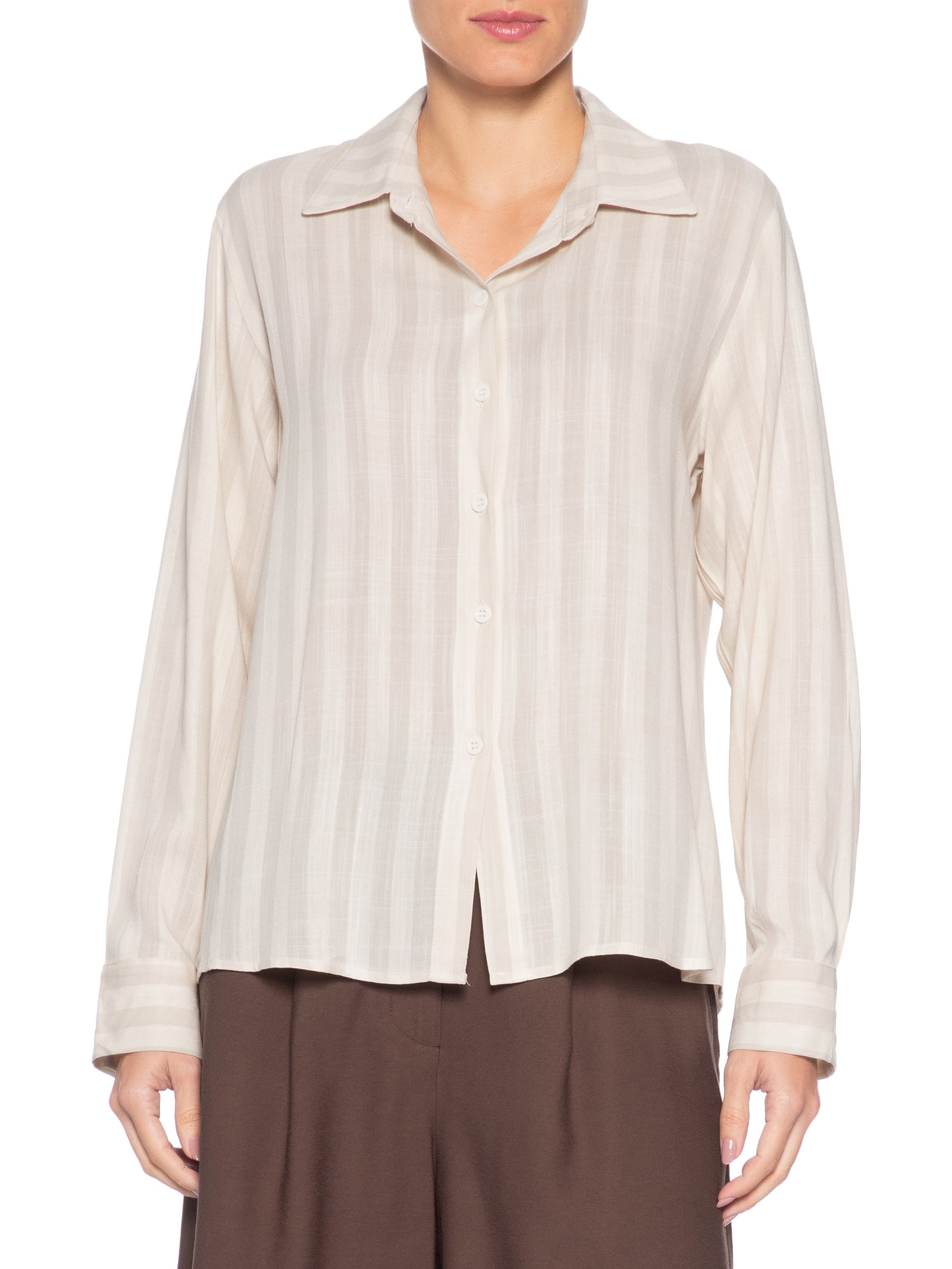 Camisa Feminina Manga Longa Listrada Bege Basiq
