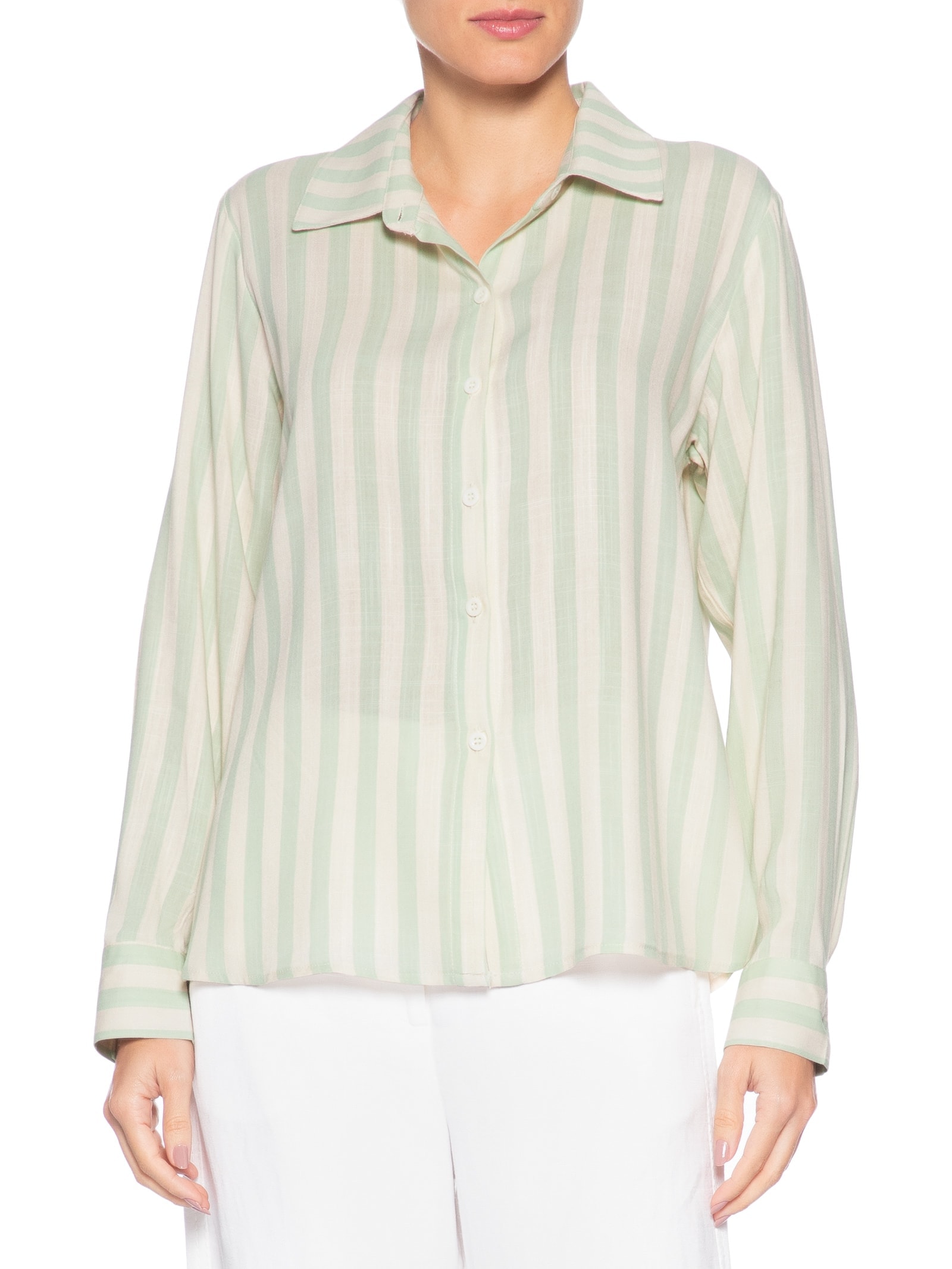 Camisa Feminina Manga Longa Listrada Verde Basiq