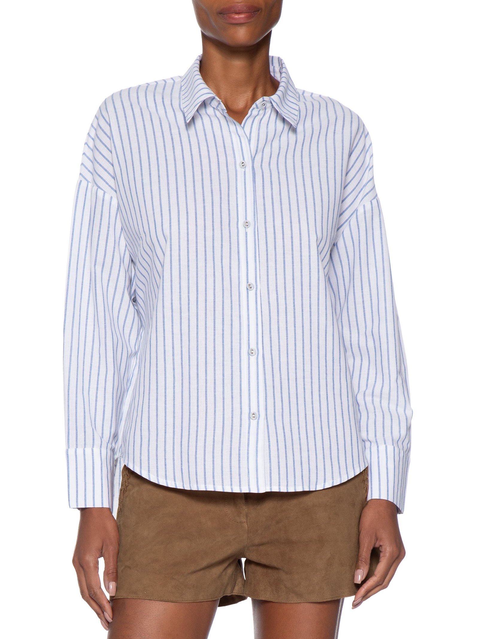 Camisa Feminina Manga Longa Risca De Giz Azul Maria Filó