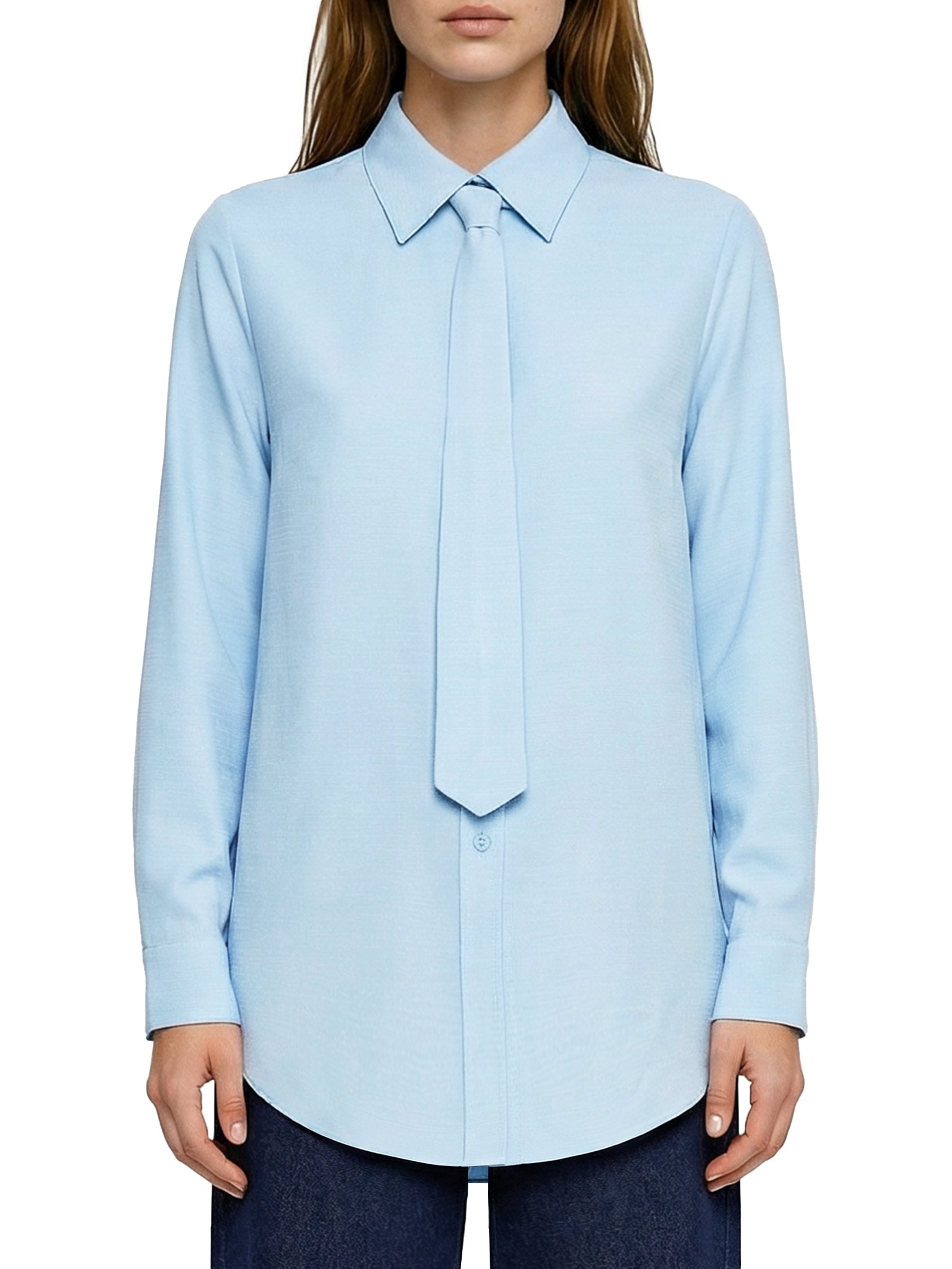 Camisa Feminina Manga Longa Solta Com Gravata Azul Lança Perfume