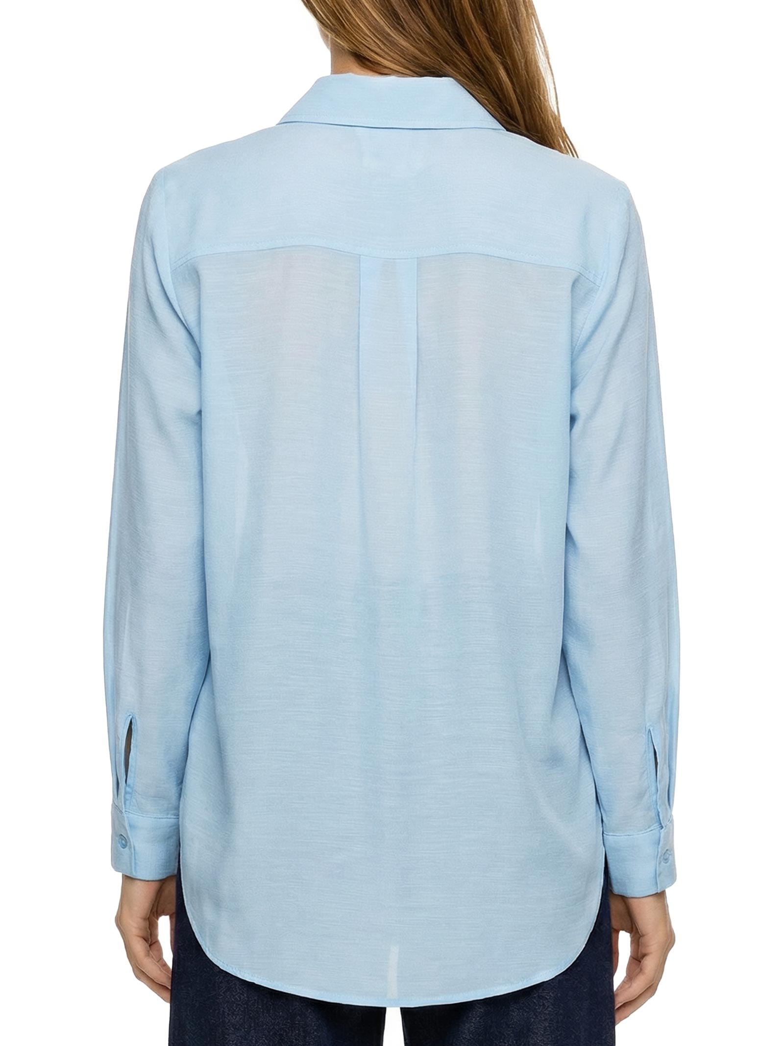 Camisa Feminina Manga Longa Solta Com Gravata Azul Lança Perfume