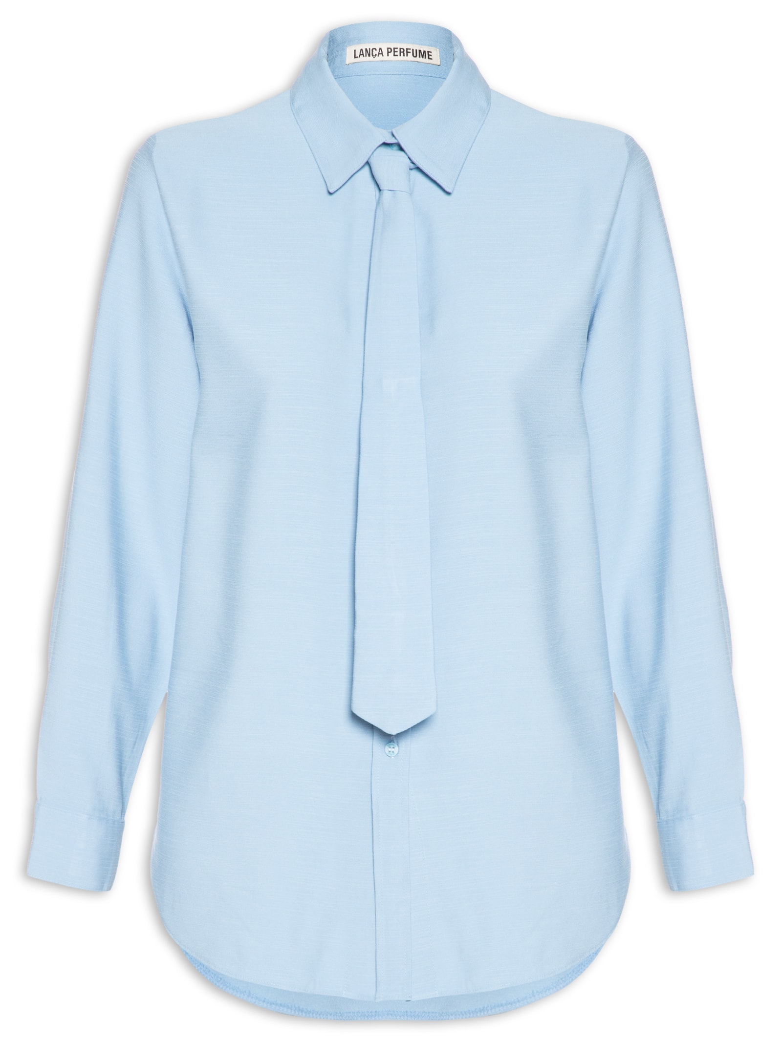 Camisa Feminina Manga Longa Solta Com Gravata Azul Lança Perfume