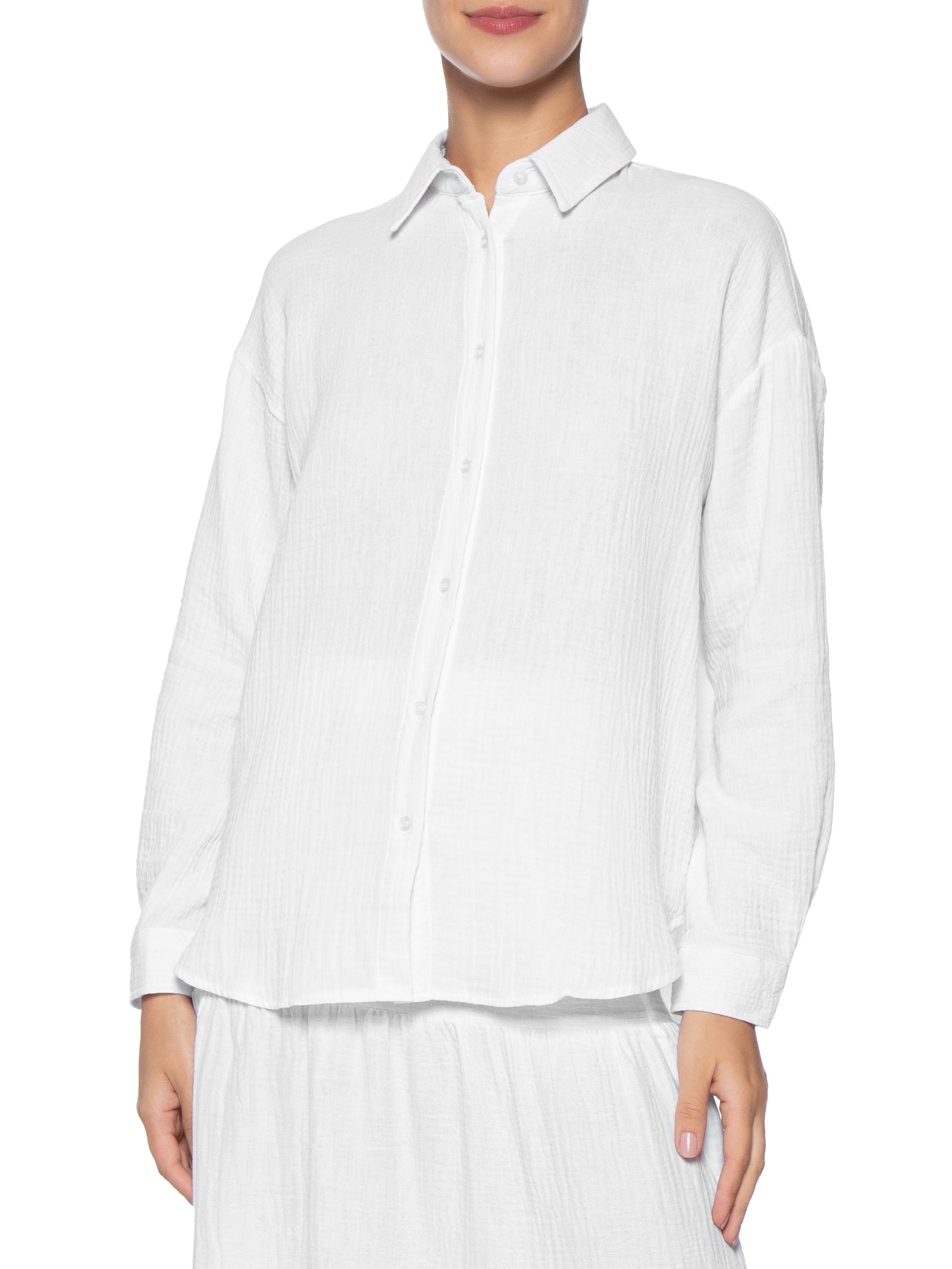Camisa Feminina Manga Longa Texturizada Branco Basiq