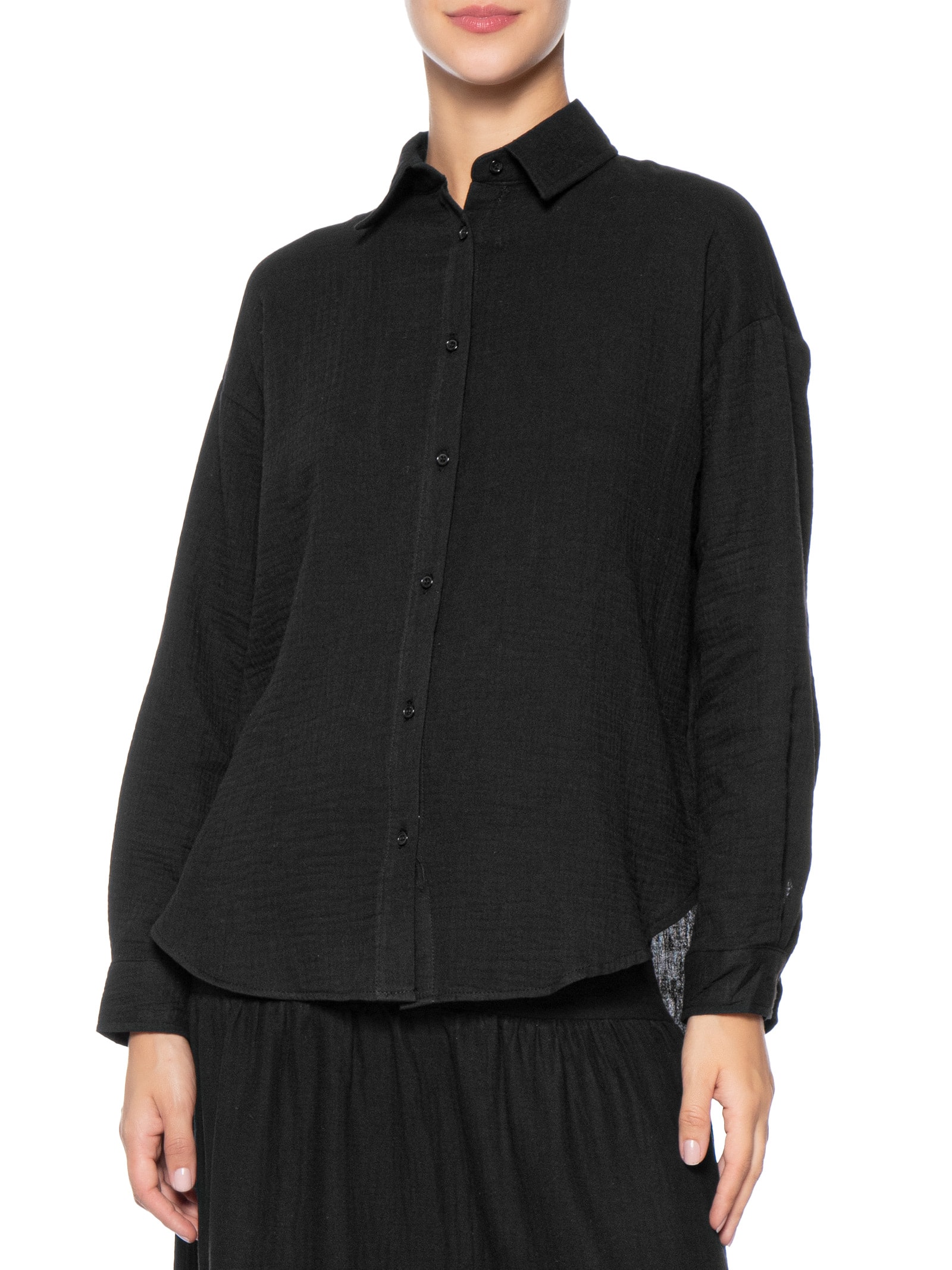 Camisa Feminina Manga Longa Texturizada Preto Basiq
